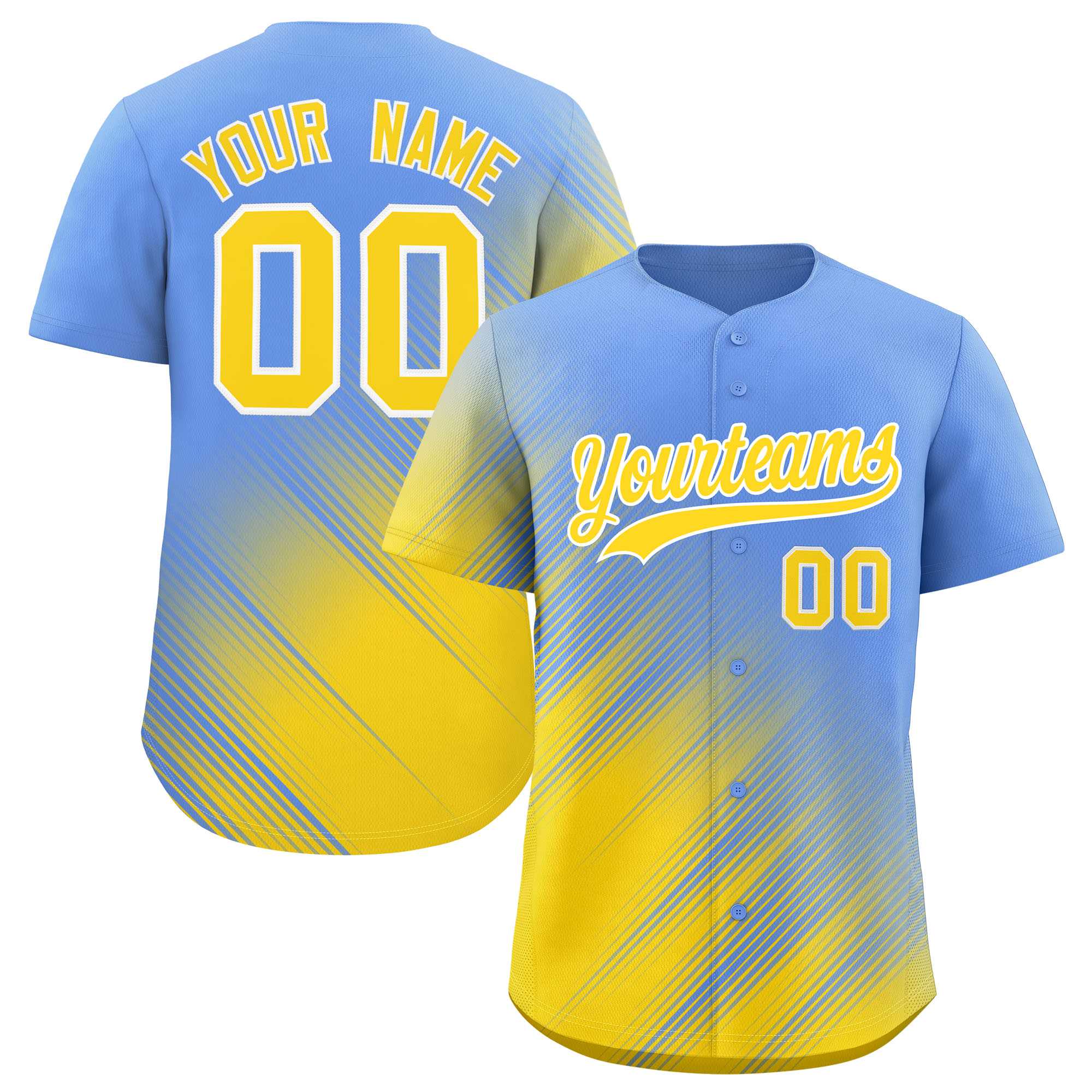 Custom Light Blue Gold Diagonal Stripe Personalized Gradient Fashion Baseball Jersey