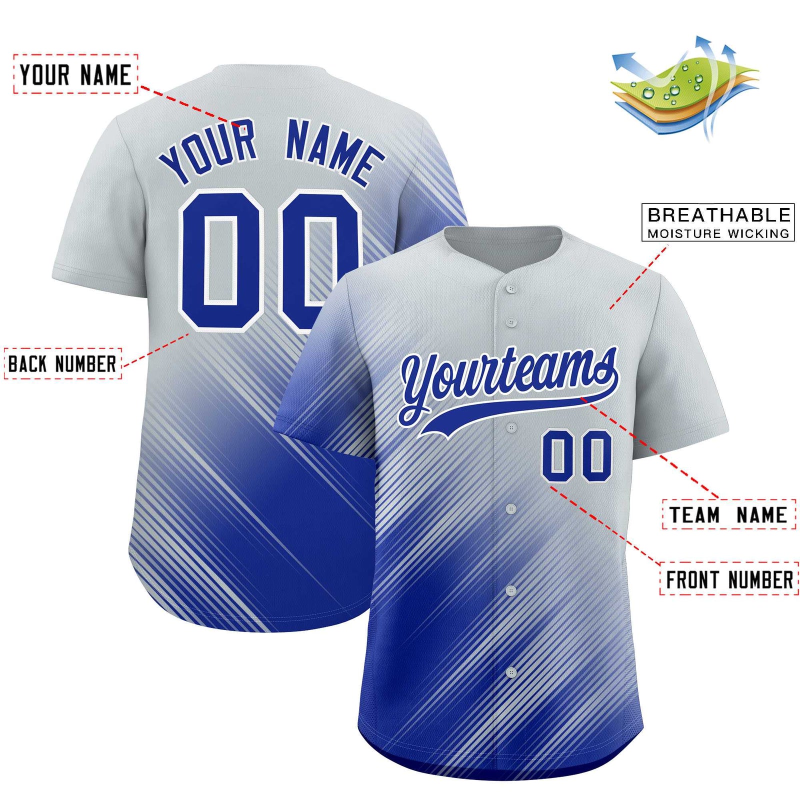 Custom Silver Royal Diagonal Stripe Personalized Gradient Fashion Baseball Jersey