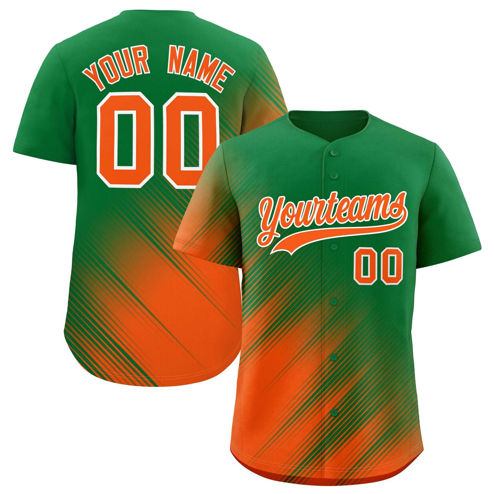 Custom Kelly Green Orange Diagonal Stripe Personalized Gradient Fashion Baseball Jersey