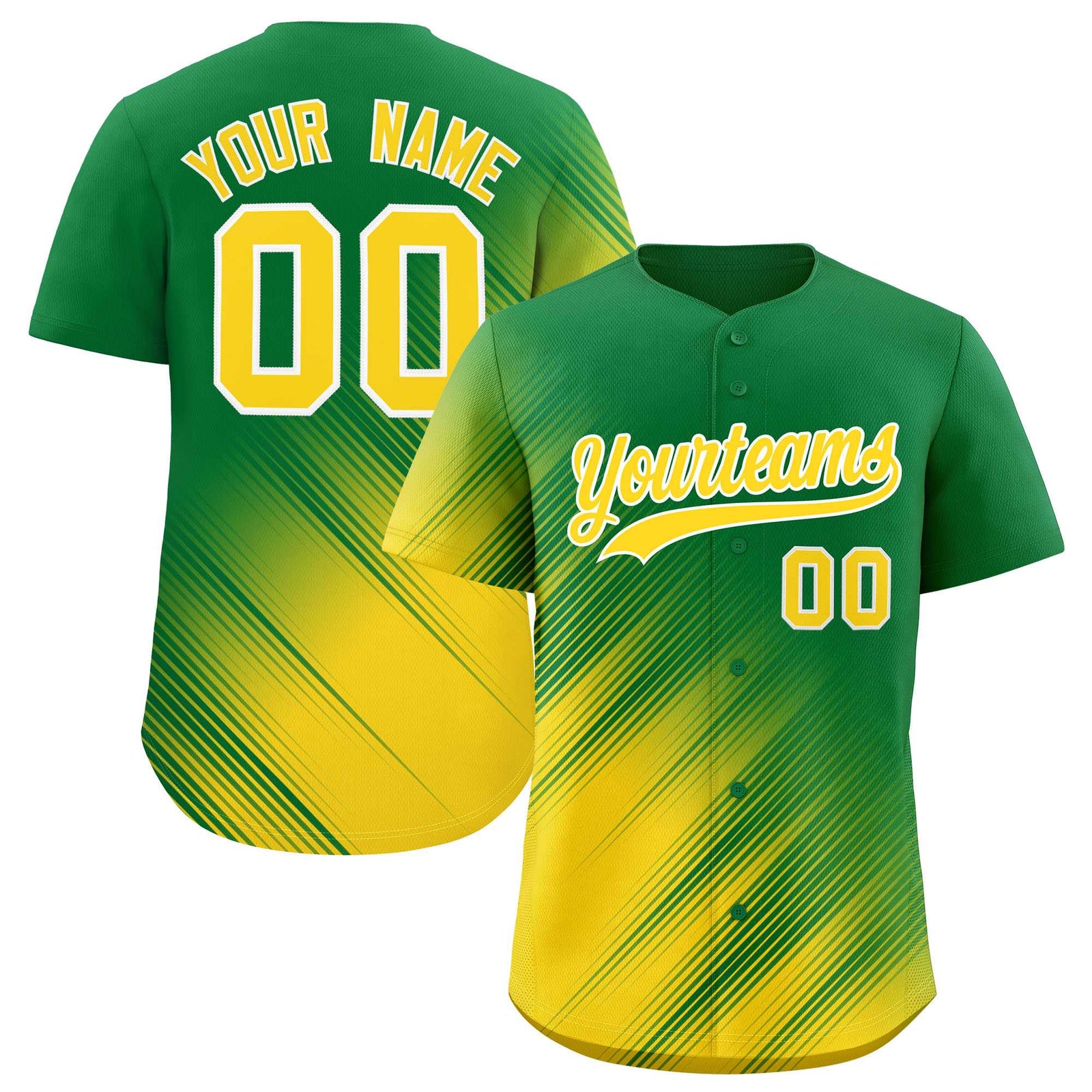 Custom Kelly Green Gold Diagonal Stripe Personalized Gradient Fashion Baseball Jersey