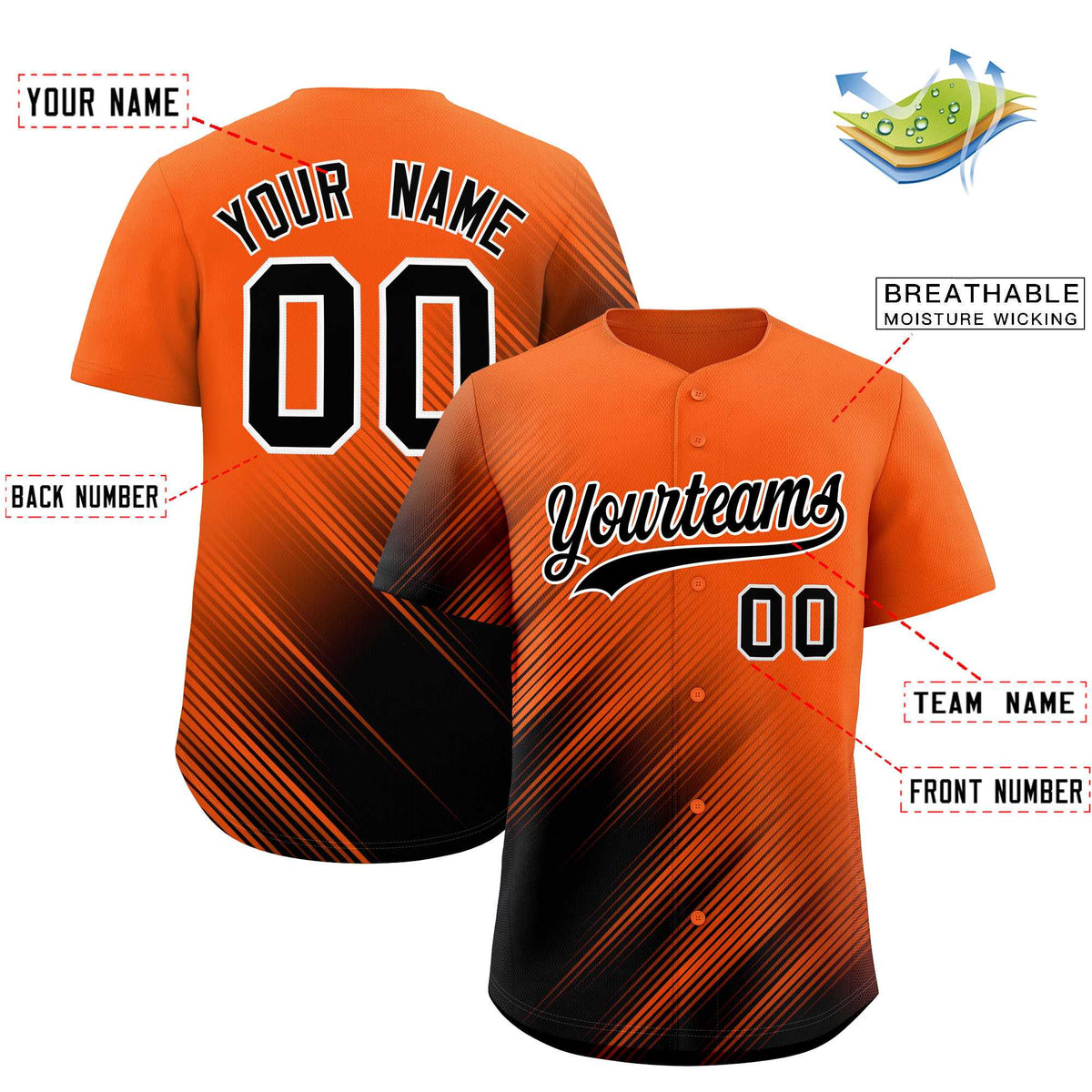 Custom Orange Black Diagonal Stripe Personalized Gradient Fashion Baseball Jersey