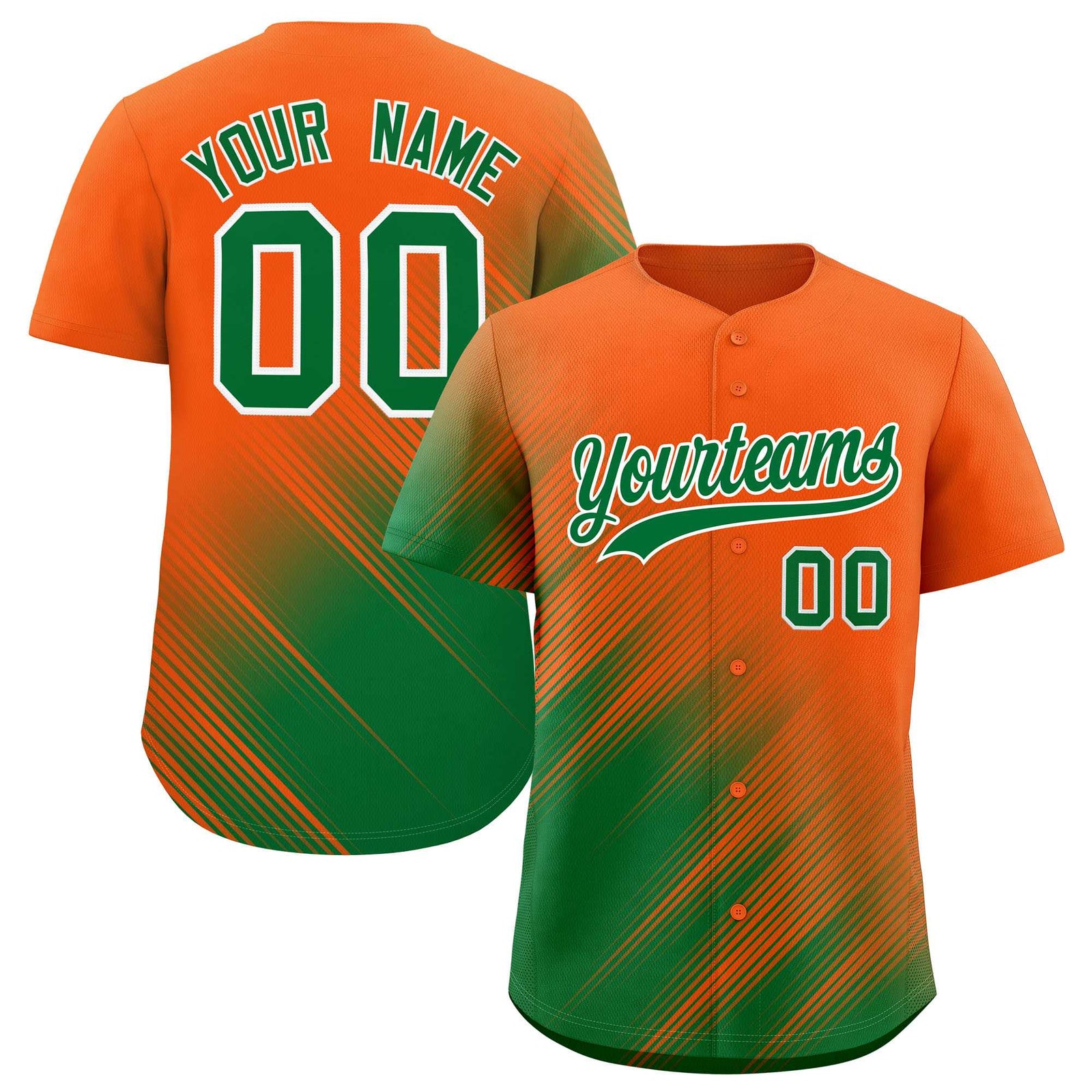 Custom Orange Kelly Green Diagonal Stripe Personalized Gradient Fashion Baseball Jersey