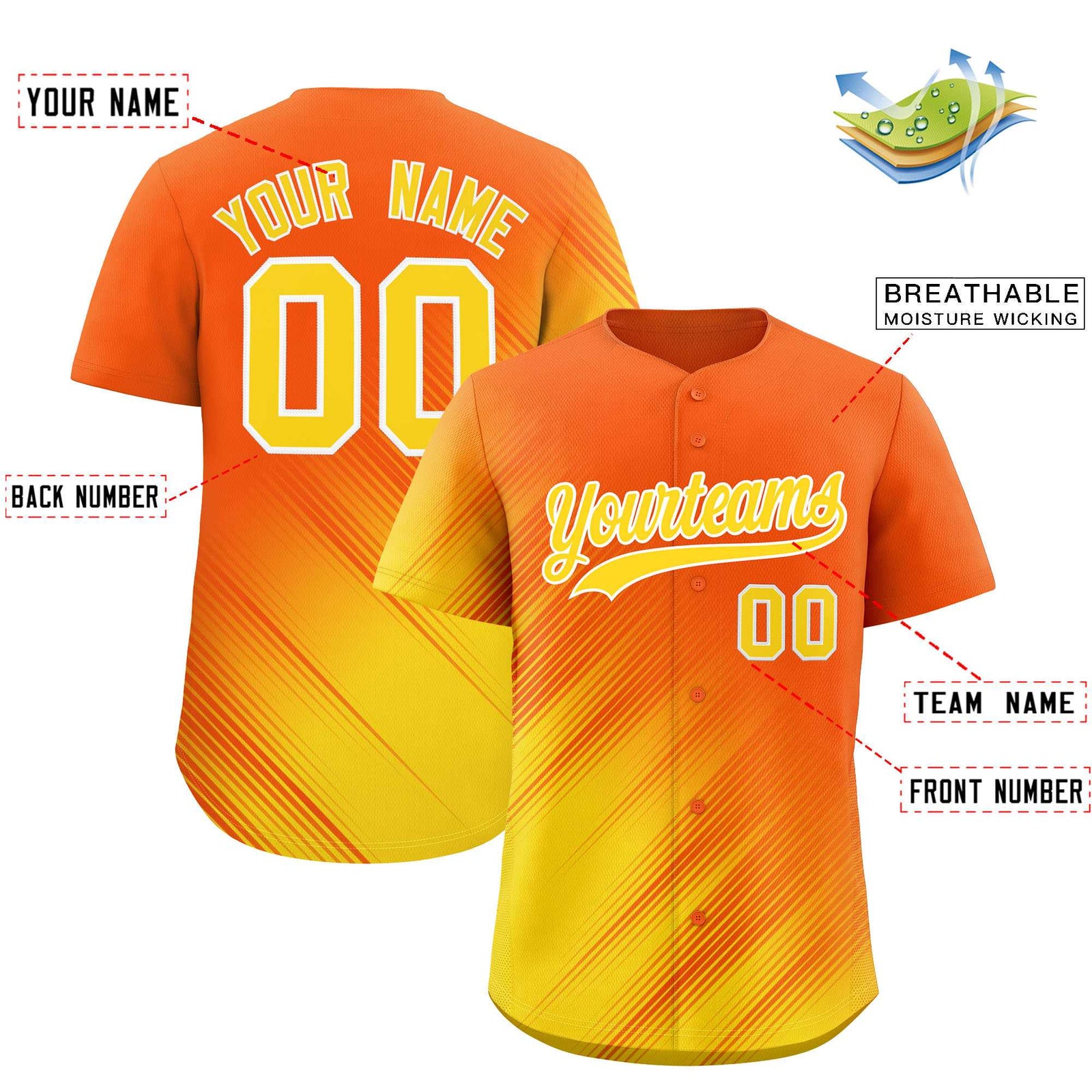 Custom Orange Gold Diagonal Stripe Personalized Gradient Fashion Baseball Jersey