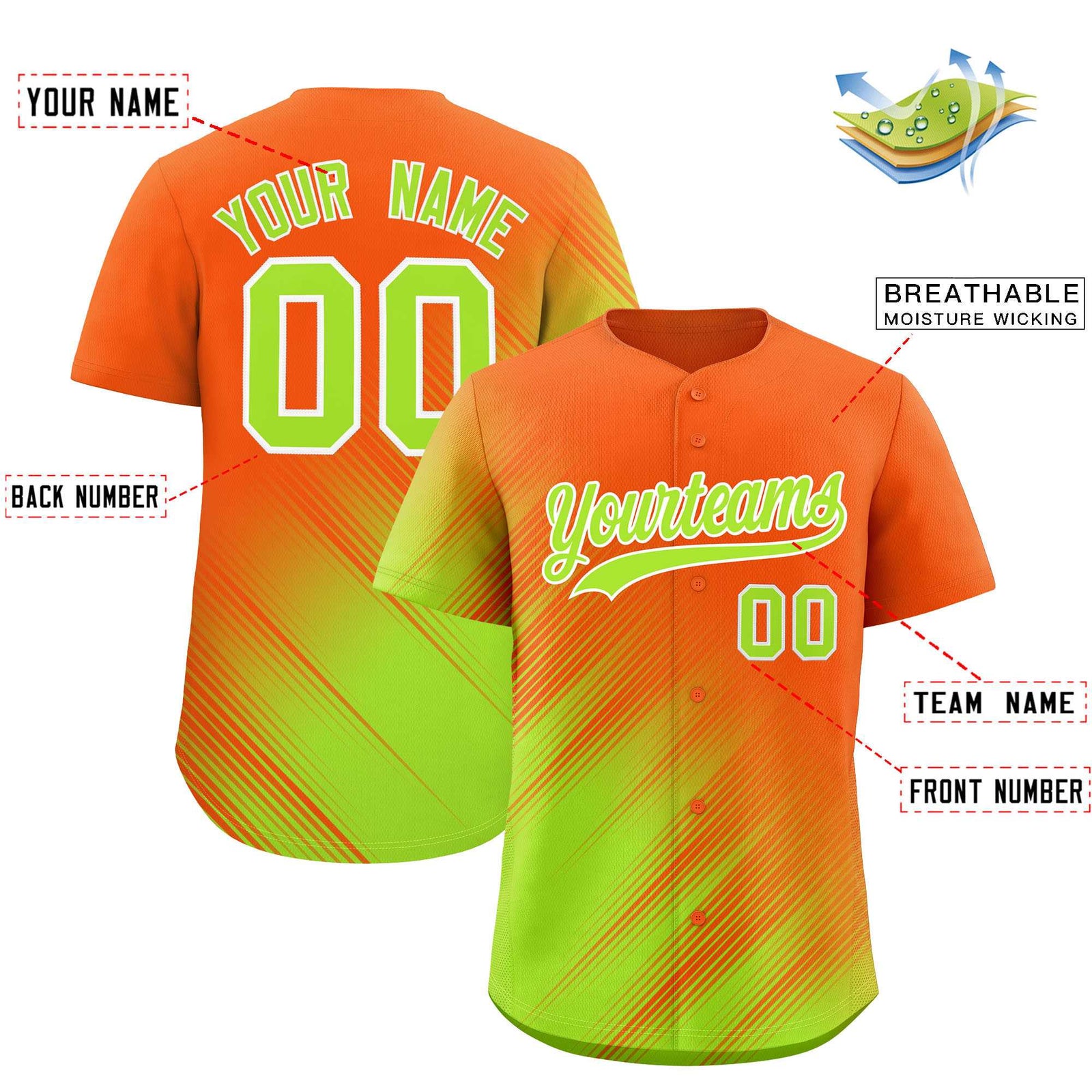 Custom Orange Neon Green Diagonal Stripe Personalized Gradient Fashion Baseball Jersey