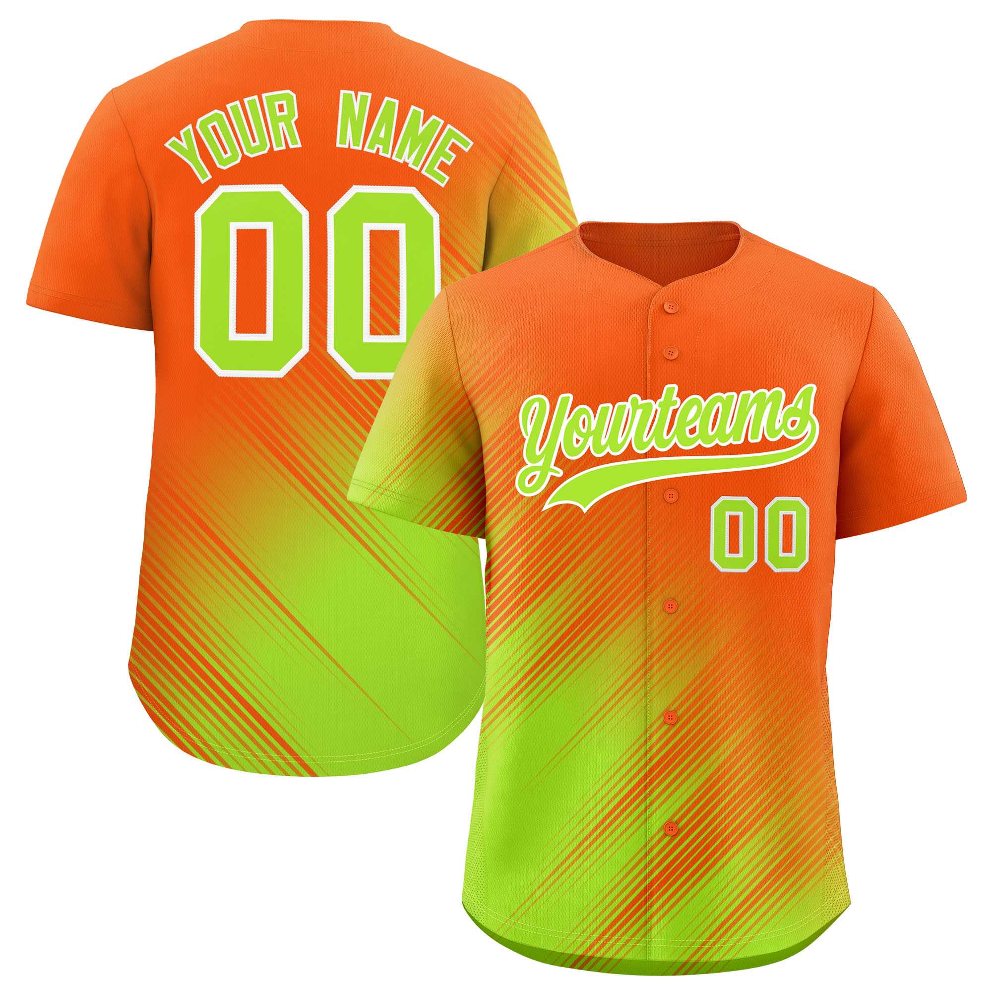 Custom Orange Neon Green Diagonal Stripe Personalized Gradient Fashion Baseball Jersey