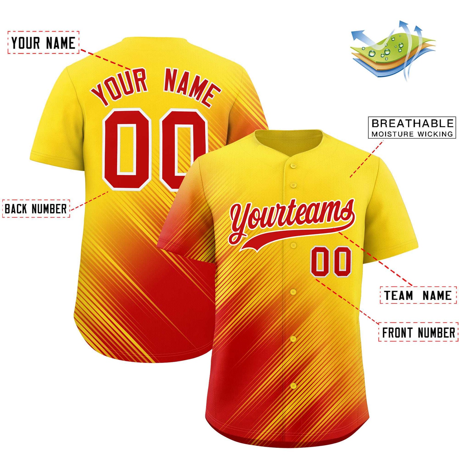 Custom Gold Red Diagonal Stripe Personalized Gradient Fashion Baseball Jersey
