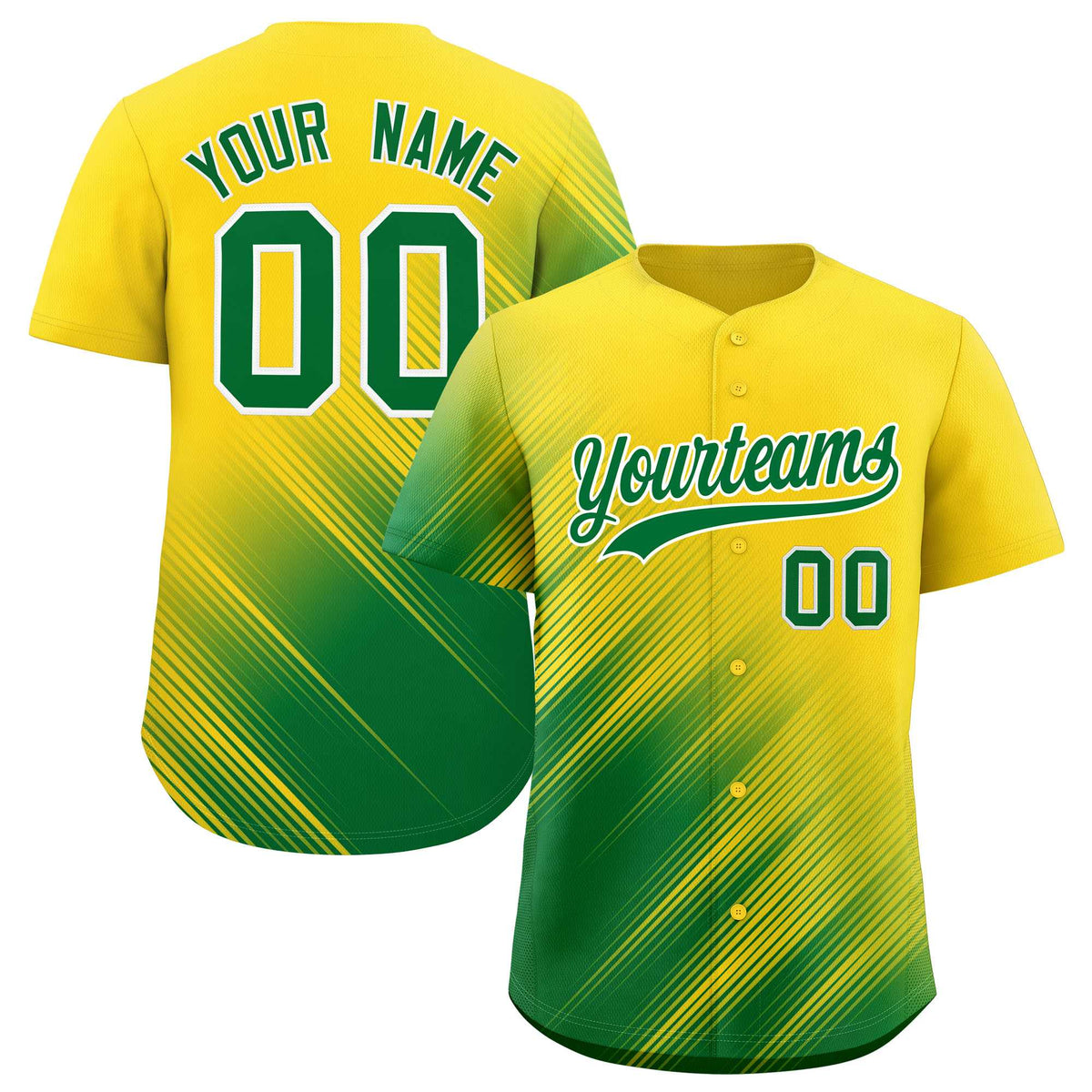 Custom Gold Kelly Green Diagonal Stripe Personalized Gradient Fashion Baseball Jersey