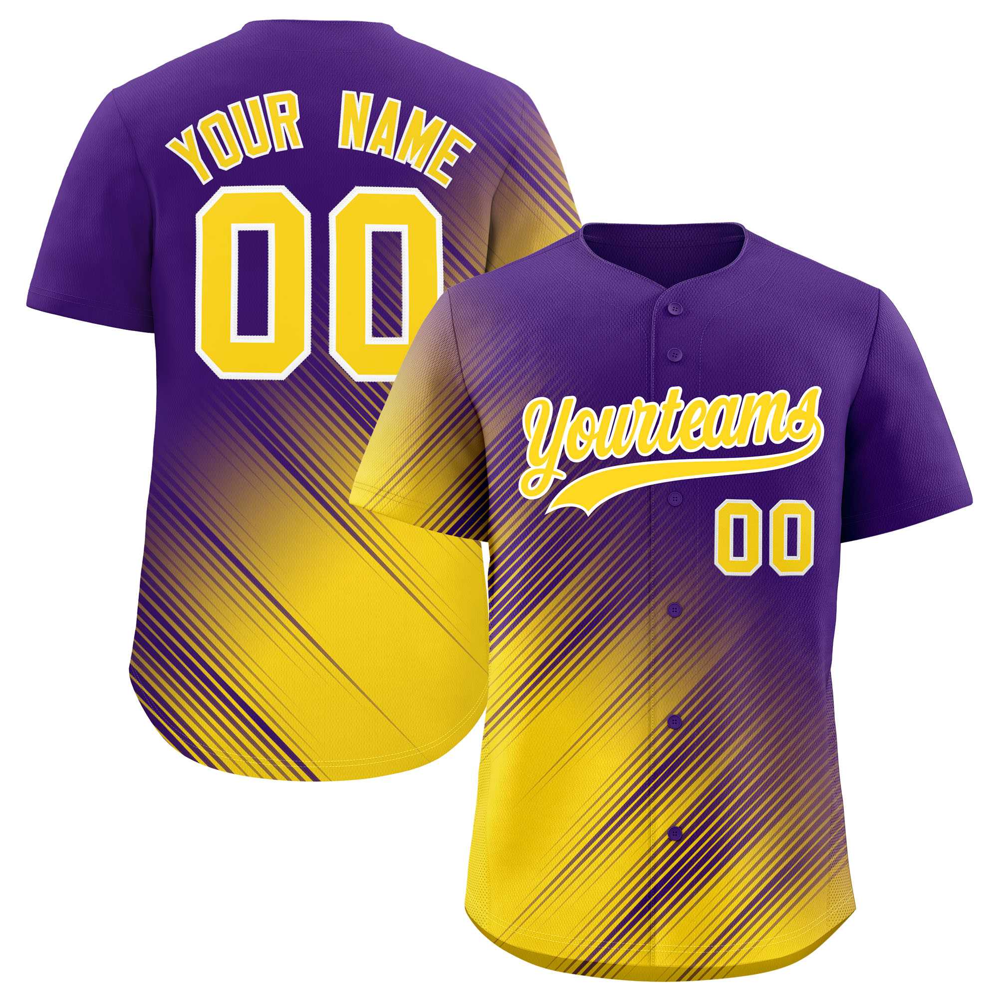 Custom Purple Gold Diagonal Stripe Personalized Gradient Fashion Baseball Jersey