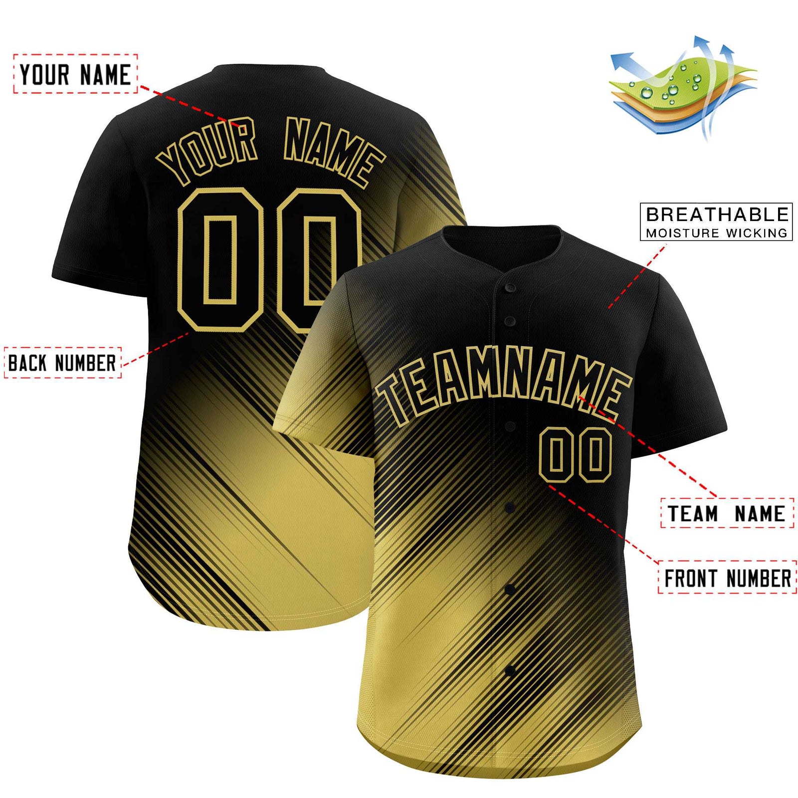 Custom Black Old Gold Diagonal Stripe Personalized Gradient Fashion Baseball Jersey