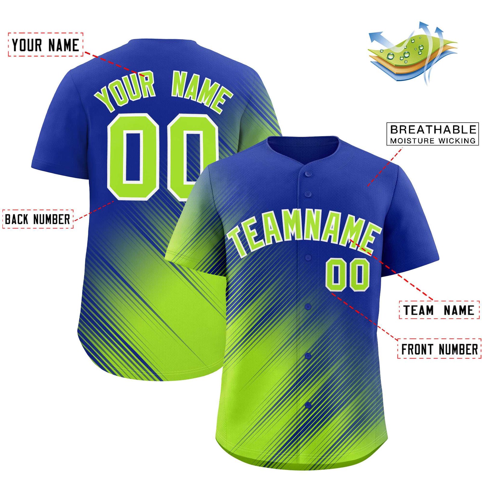 Custom Royal Neon Green Diagonal Stripe Personalized Gradient Fashion Baseball Jersey