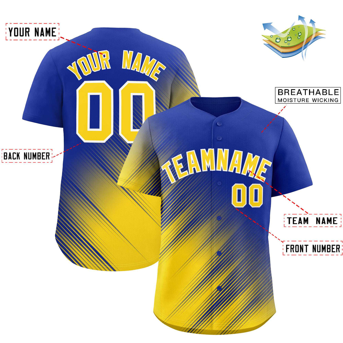 Custom Royal Gold Diagonal Stripe Personalized Gradient Fashion Baseball Jersey