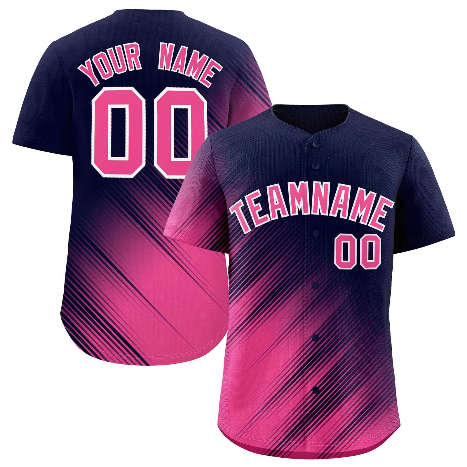 Custom Navy Pink Diagonal Stripe Personalized Gradient Fashion Baseball Jersey