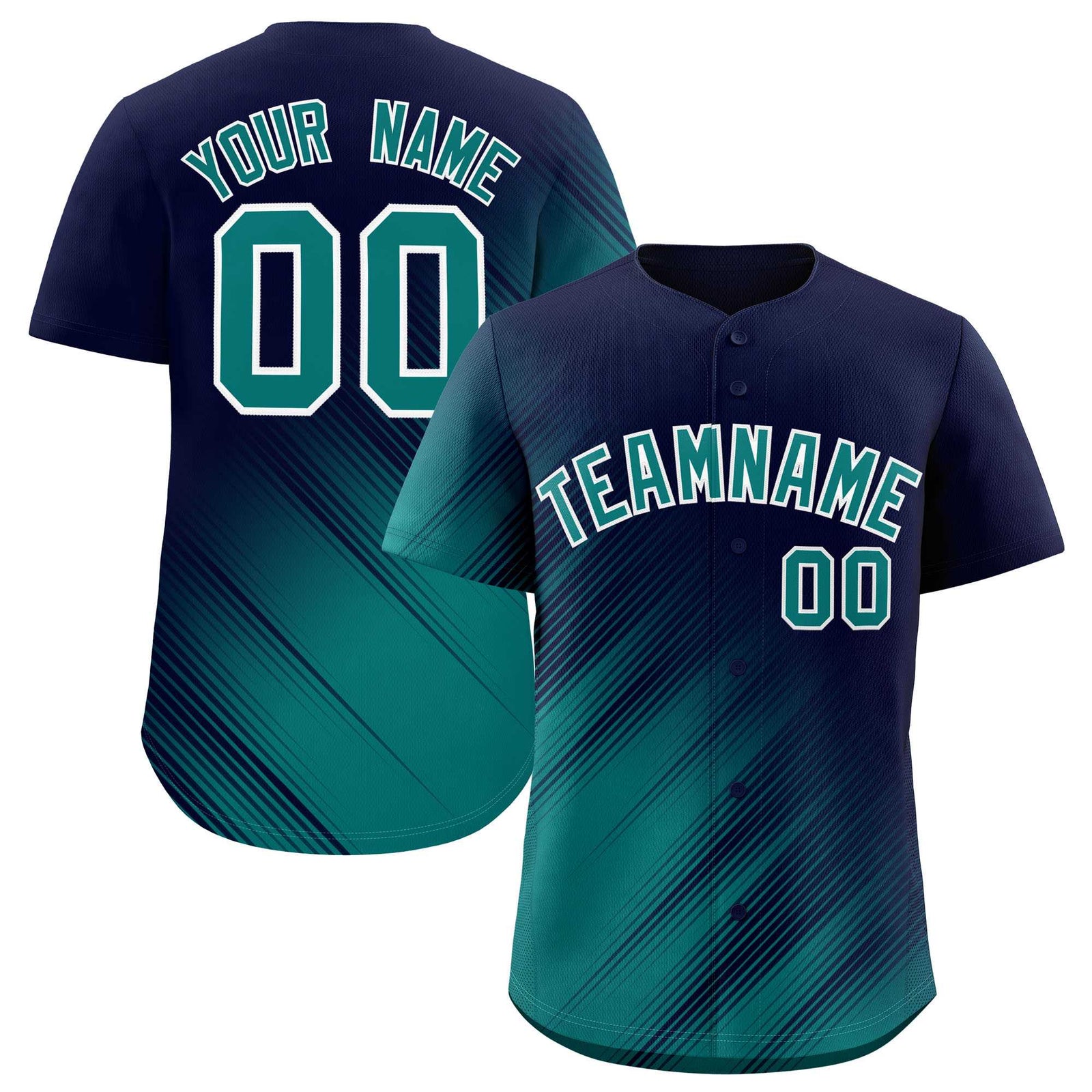 Custom Navy Aqua Diagonal Stripe Personalized Gradient Fashion Baseball Jersey