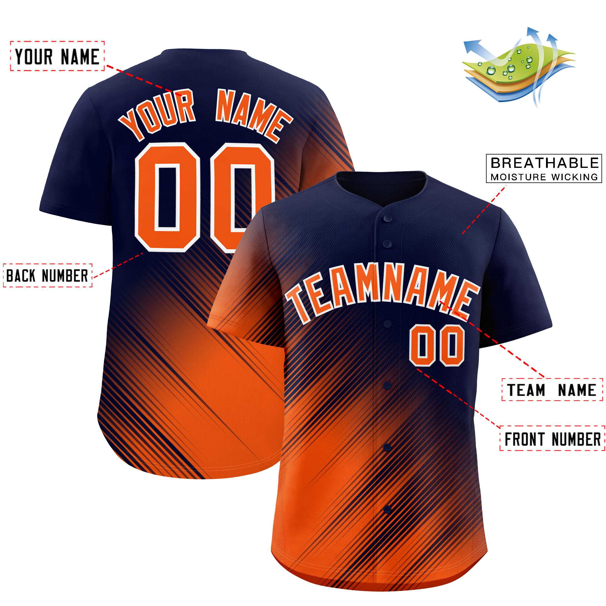 Custom Navy Orange Diagonal Stripe Personalized Gradient Fashion Baseball Jersey