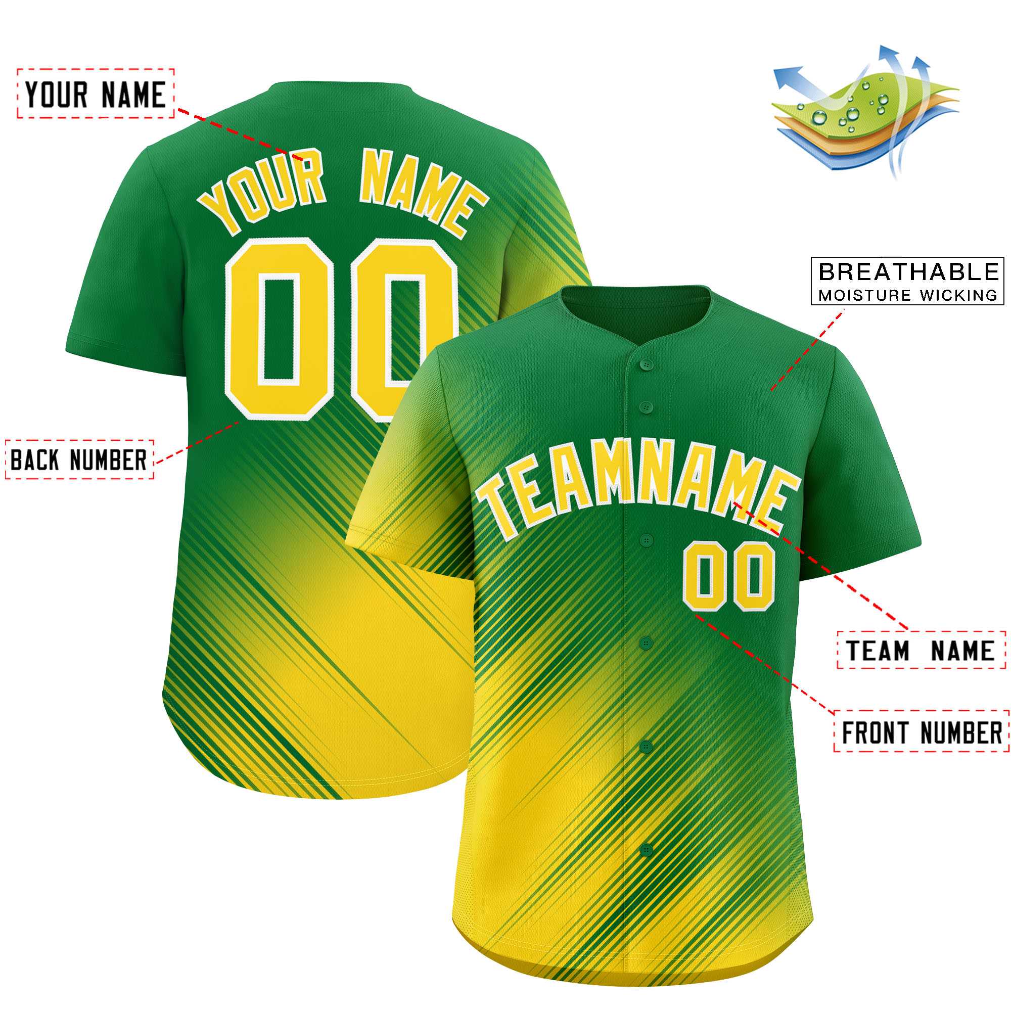 Custom Kelly Green Gold Diagonal Stripe Personalized Gradient Fashion Baseball Jersey