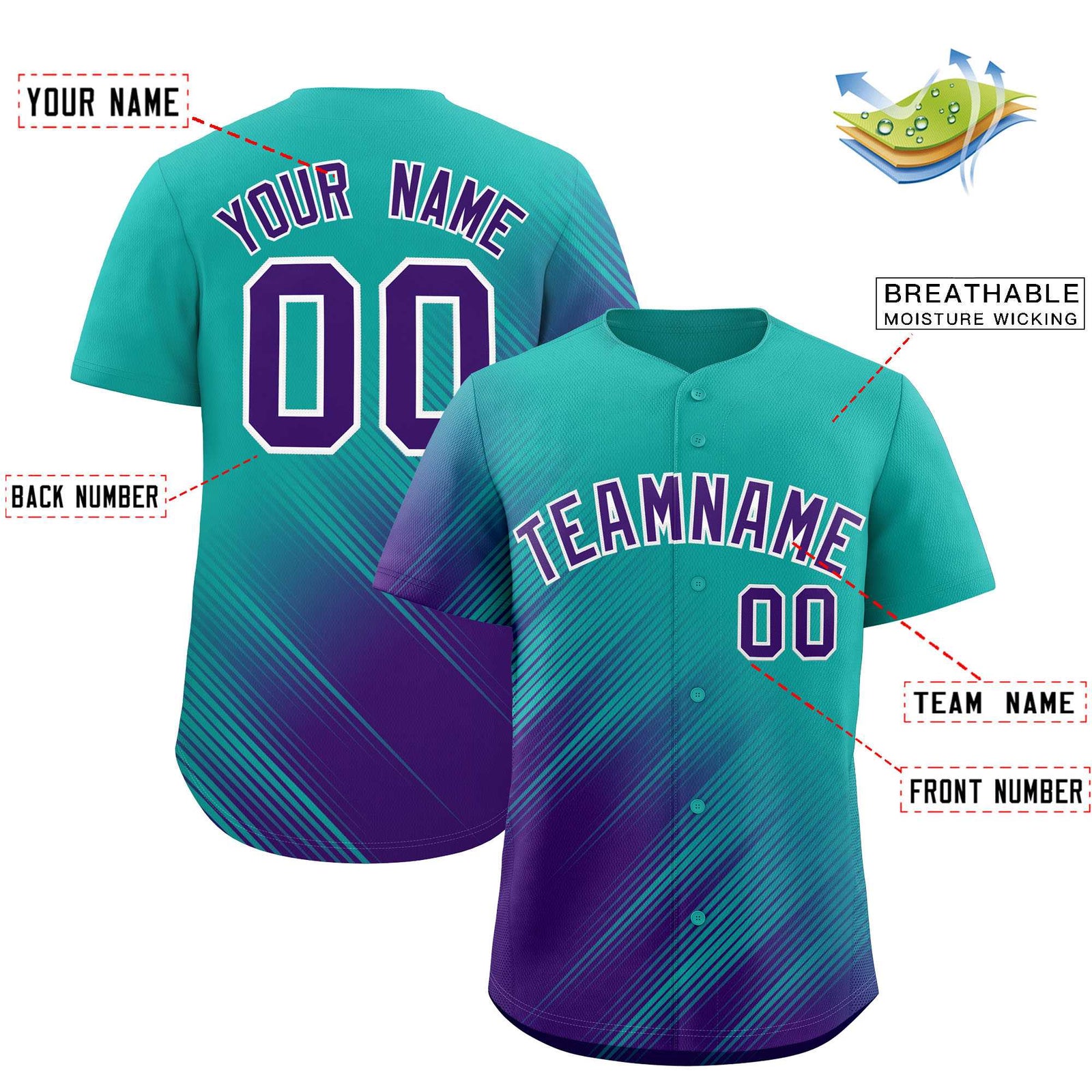 Custom Aqua Purple Diagonal Stripe Personalized Gradient Fashion Baseball Jersey