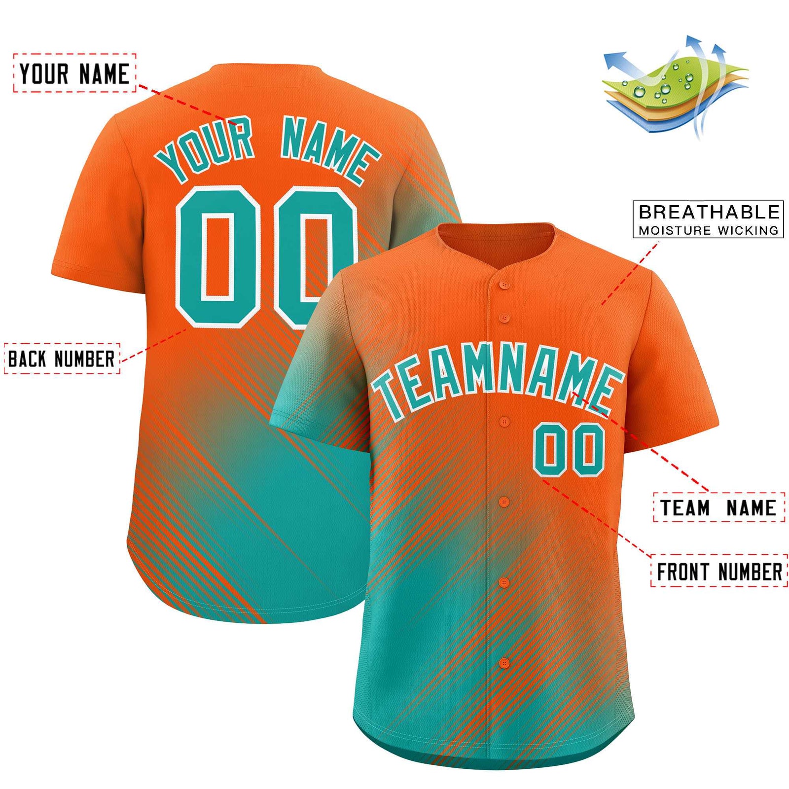 Custom Orange Aqua Diagonal Stripe Personalized Gradient Fashion Baseball Jersey