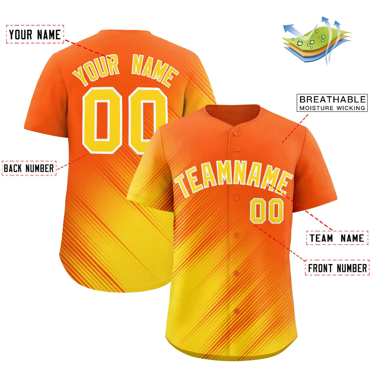 Custom Orange Gold Diagonal Stripe Personalized Gradient Fashion Baseball Jersey
