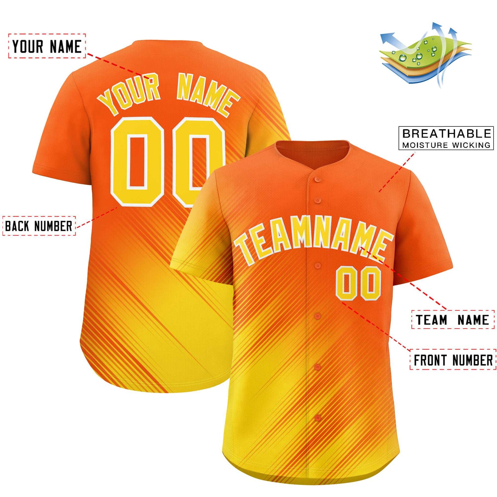 Custom Orange Gold Diagonal Stripe Personalized Gradient Fashion Baseball Jersey
