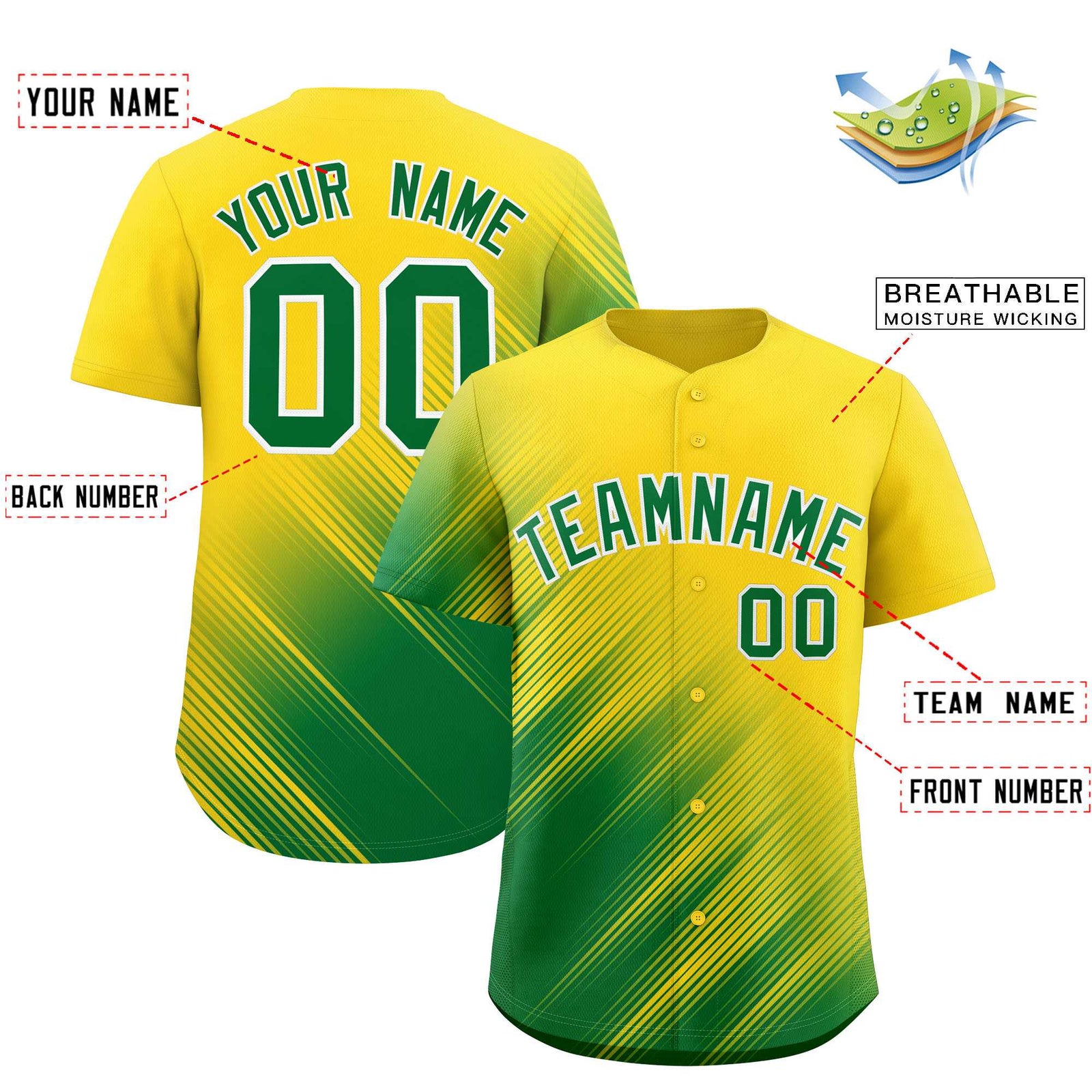Custom Gold Kelly Green Diagonal Stripe Personalized Gradient Fashion Baseball Jersey