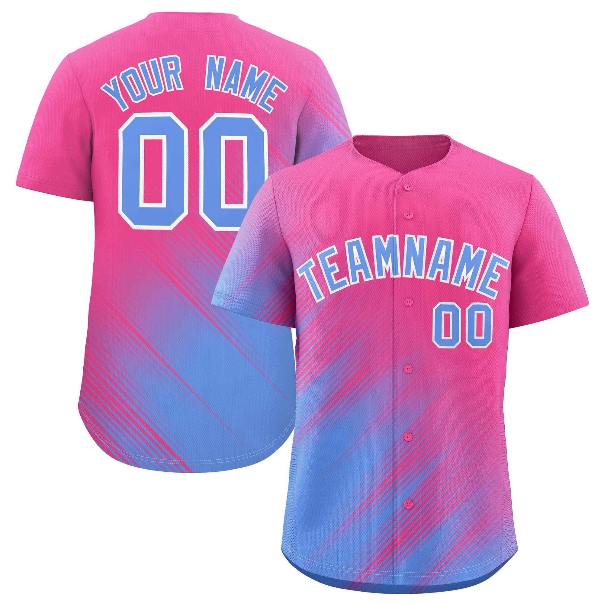 Custom Pink Light Blue Diagonal Stripe Personalized Gradient Fashion Baseball Jersey