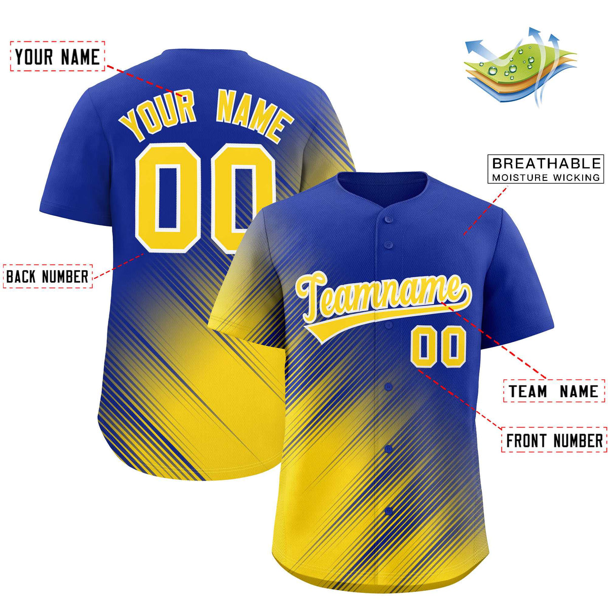 Custom Royal Gold Diagonal Stripe Personalized Gradient Fashion Baseball Jersey