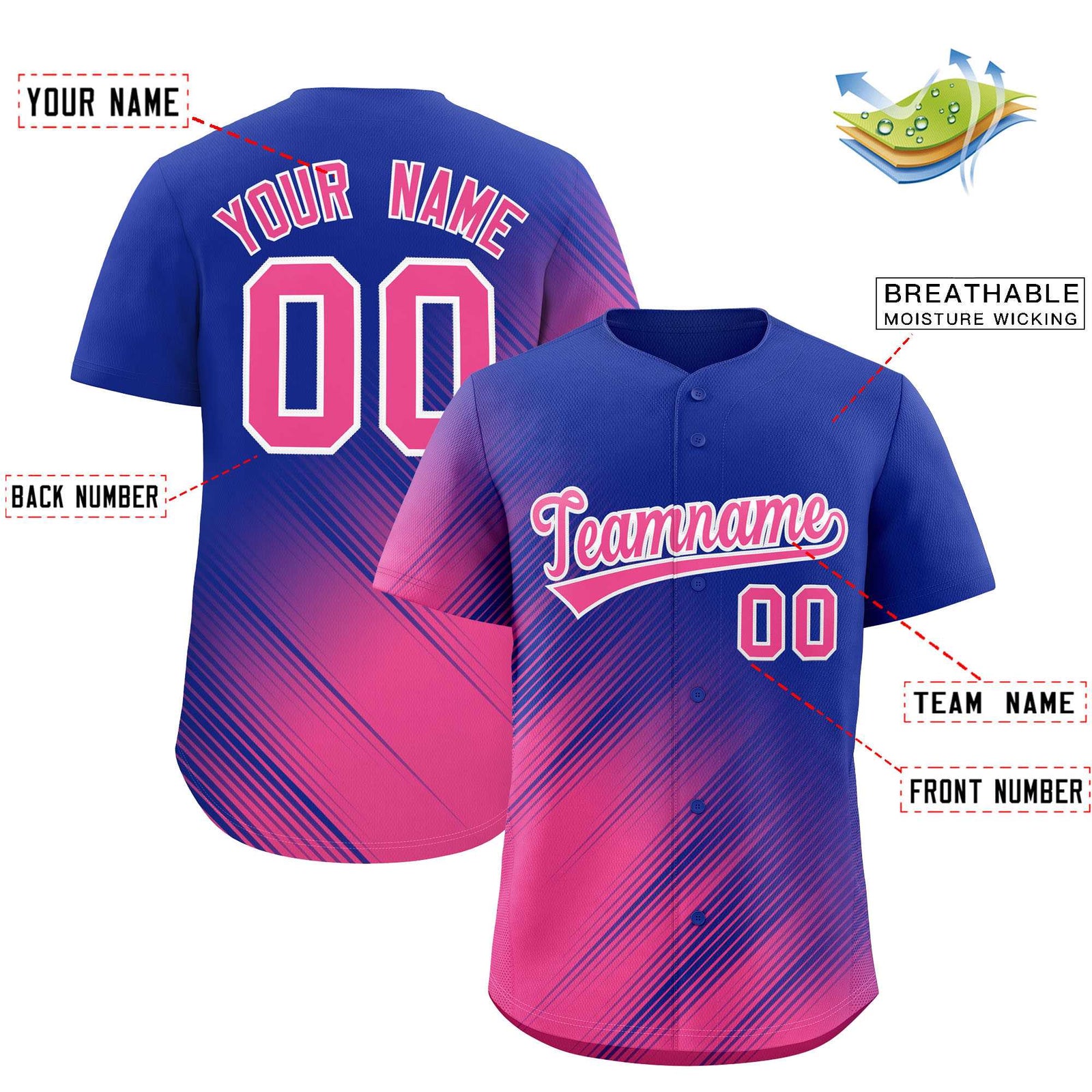 Custom Royal Pink Diagonal Stripe Personalized Gradient Fashion Baseball Jersey