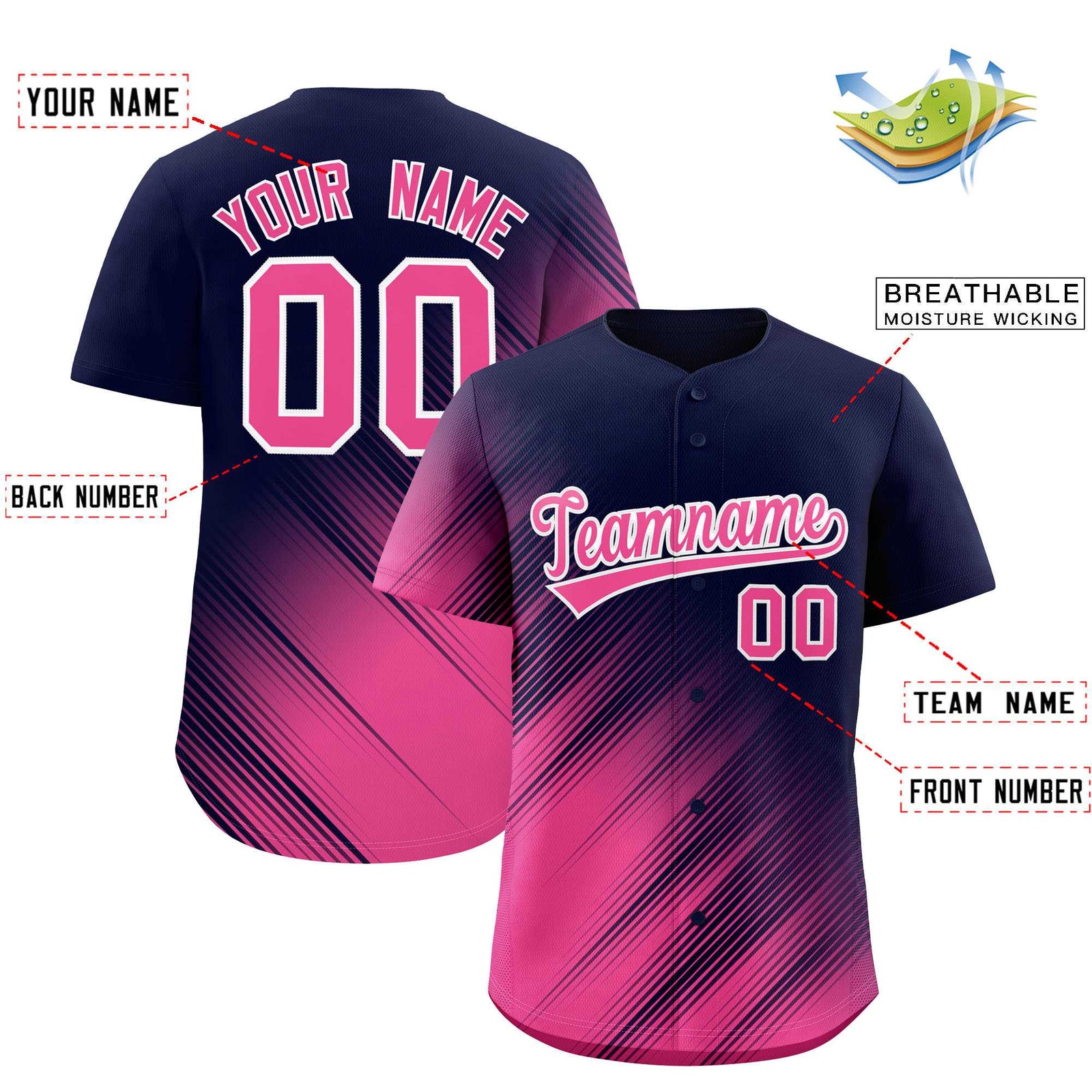 Custom Navy Pink Diagonal Stripe Personalized Gradient Fashion Baseball Jersey