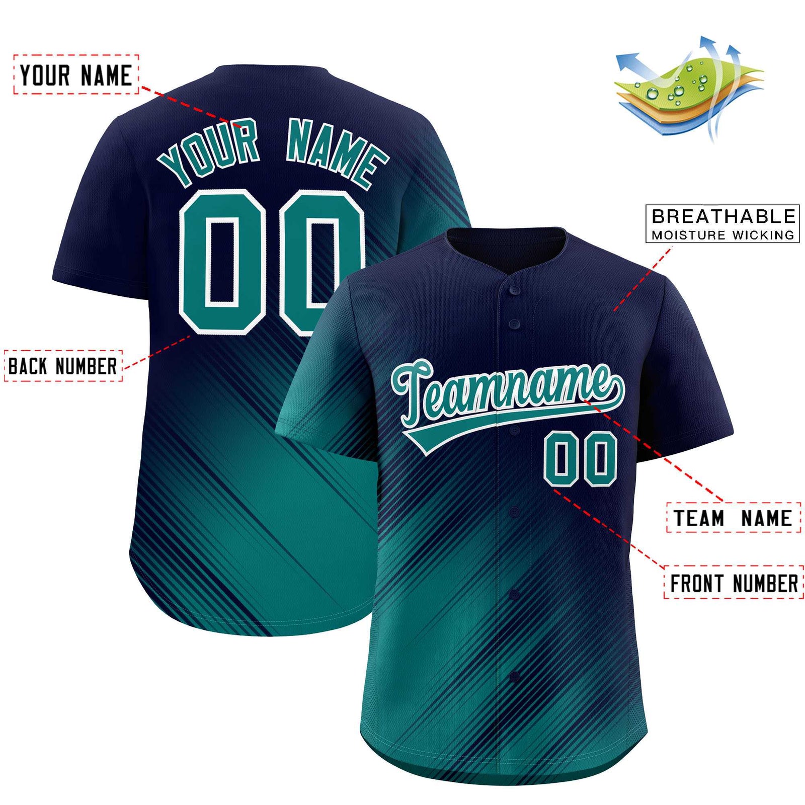 Custom Navy Aqua Diagonal Stripe Personalized Gradient Fashion Baseball Jersey