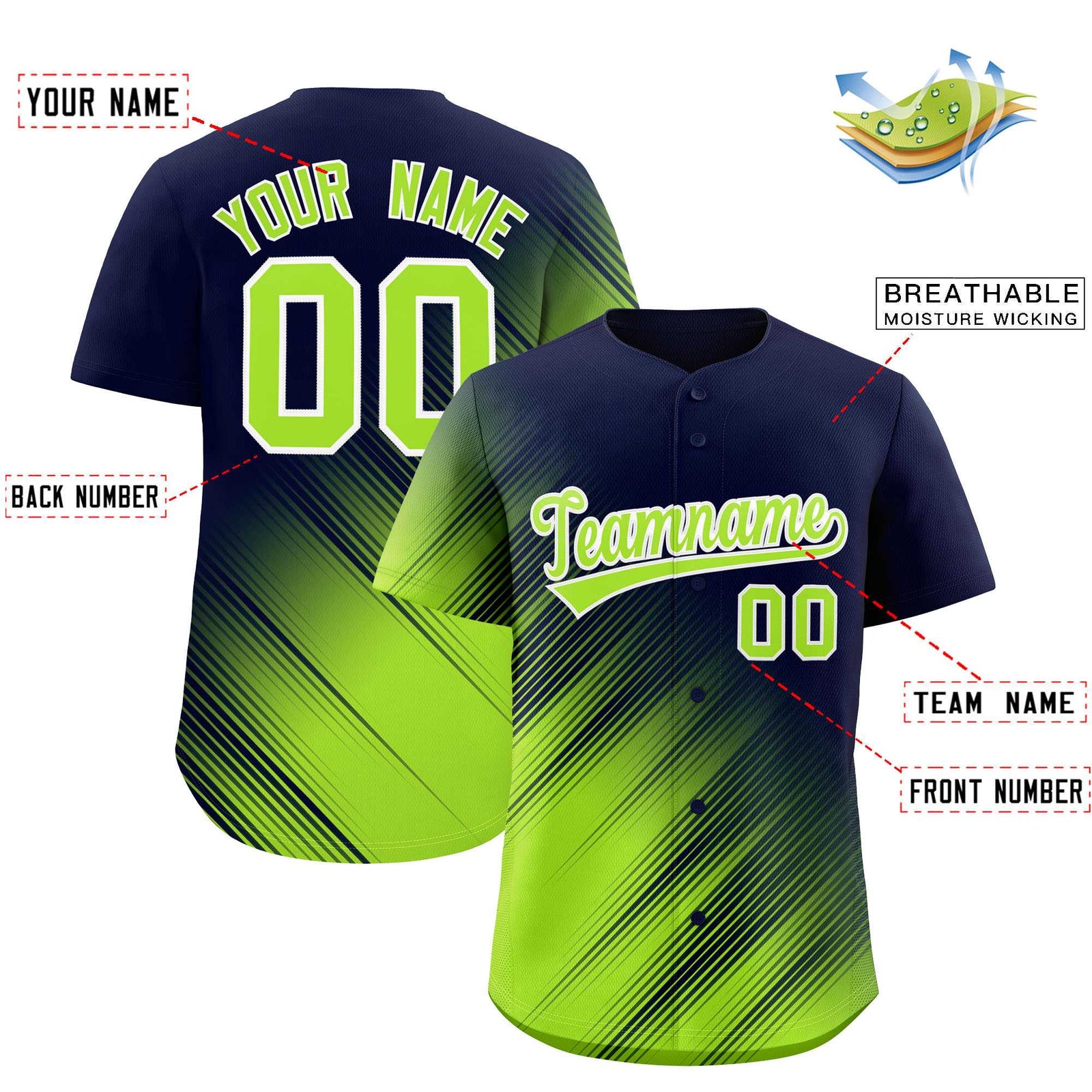 Custom Navy Neon Green Diagonal Stripe Personalized Gradient Fashion Baseball Jersey