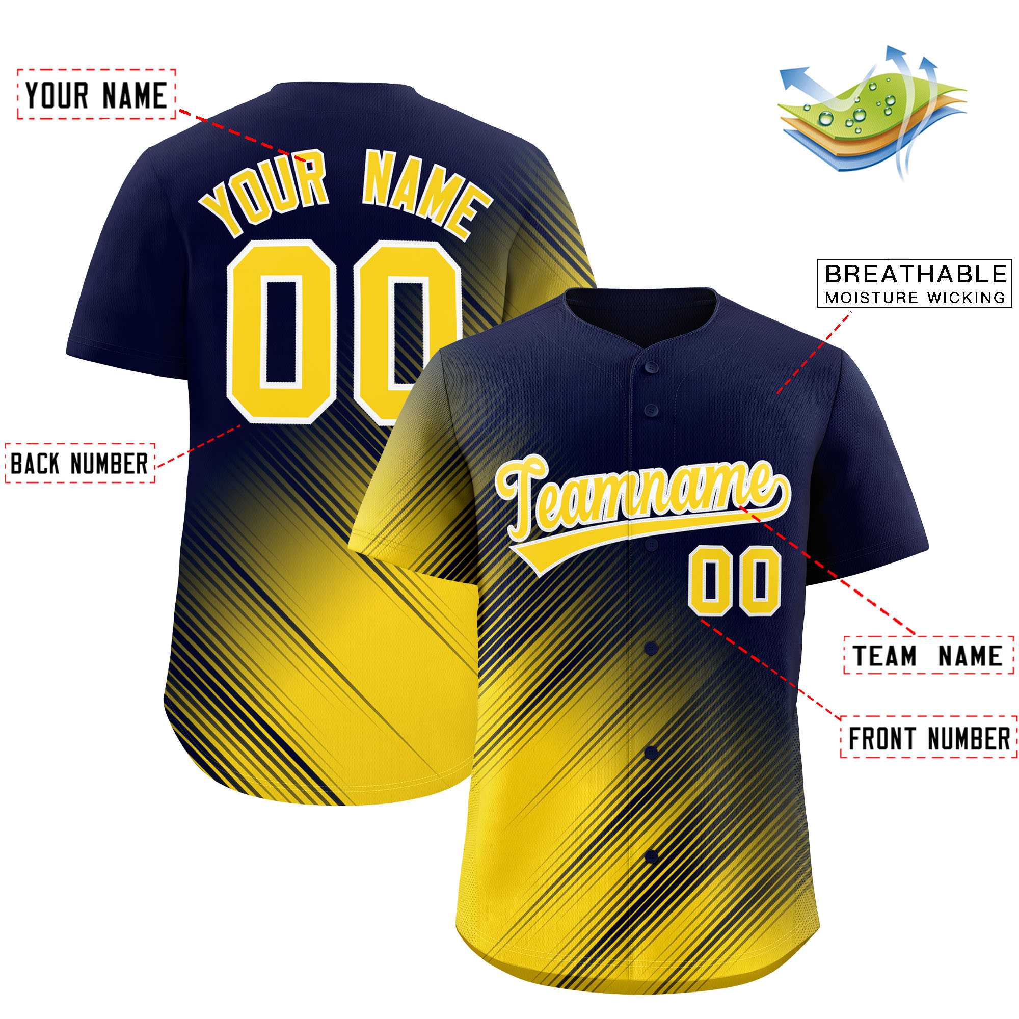 Custom Navy Gold Diagonal Stripe Personalized Gradient Fashion Baseball Jersey