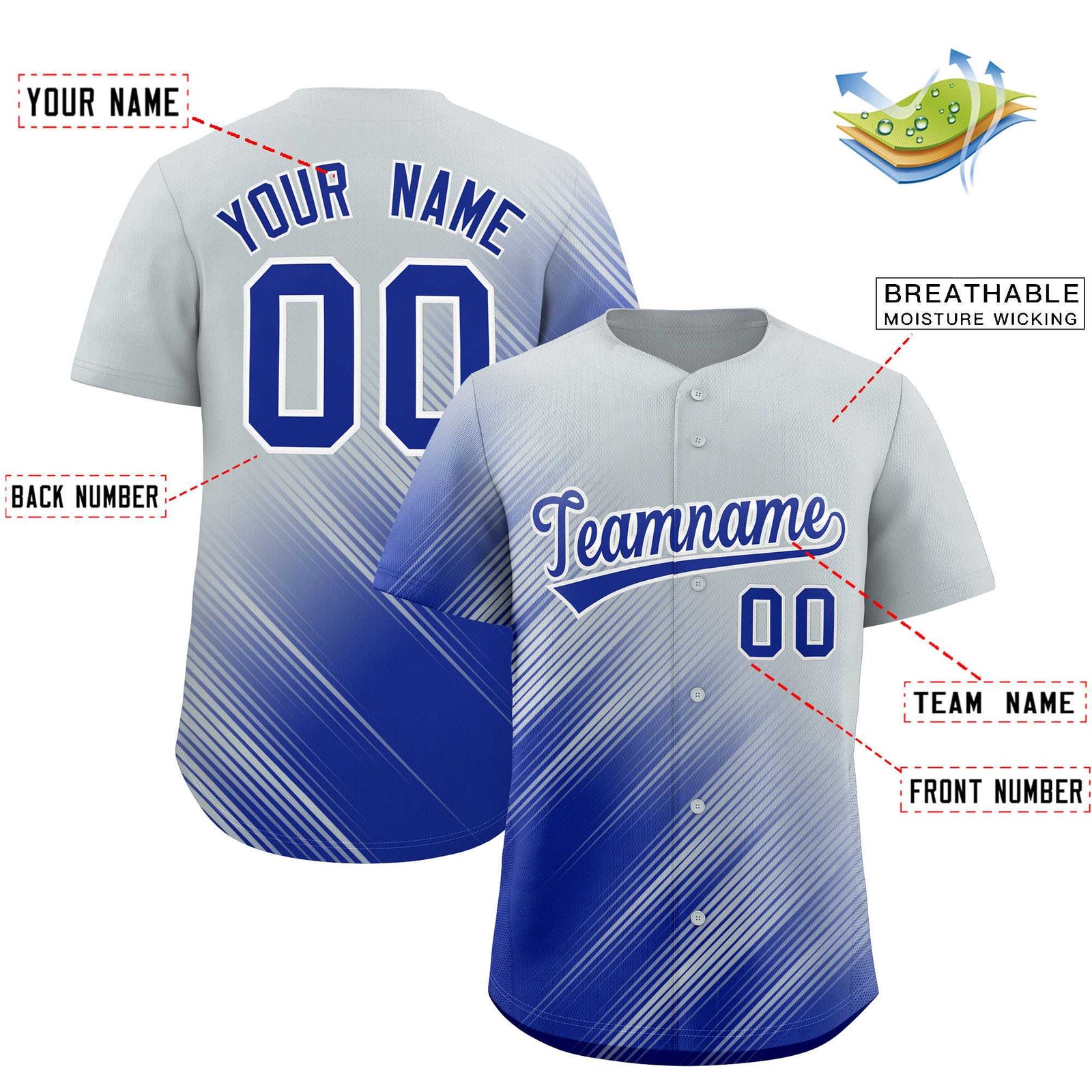 Custom Silver Royal Diagonal Stripe Personalized Gradient Fashion Baseball Jersey