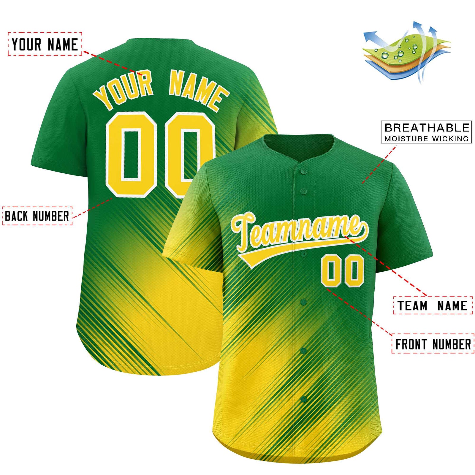 Custom Kelly Green Gold Diagonal Stripe Personalized Gradient Fashion Baseball Jersey