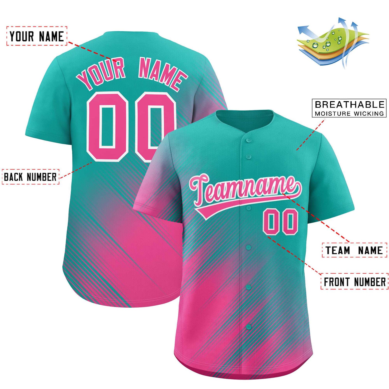 Custom Aqua Pink Diagonal Stripe Personalized Gradient Fashion Baseball Jersey