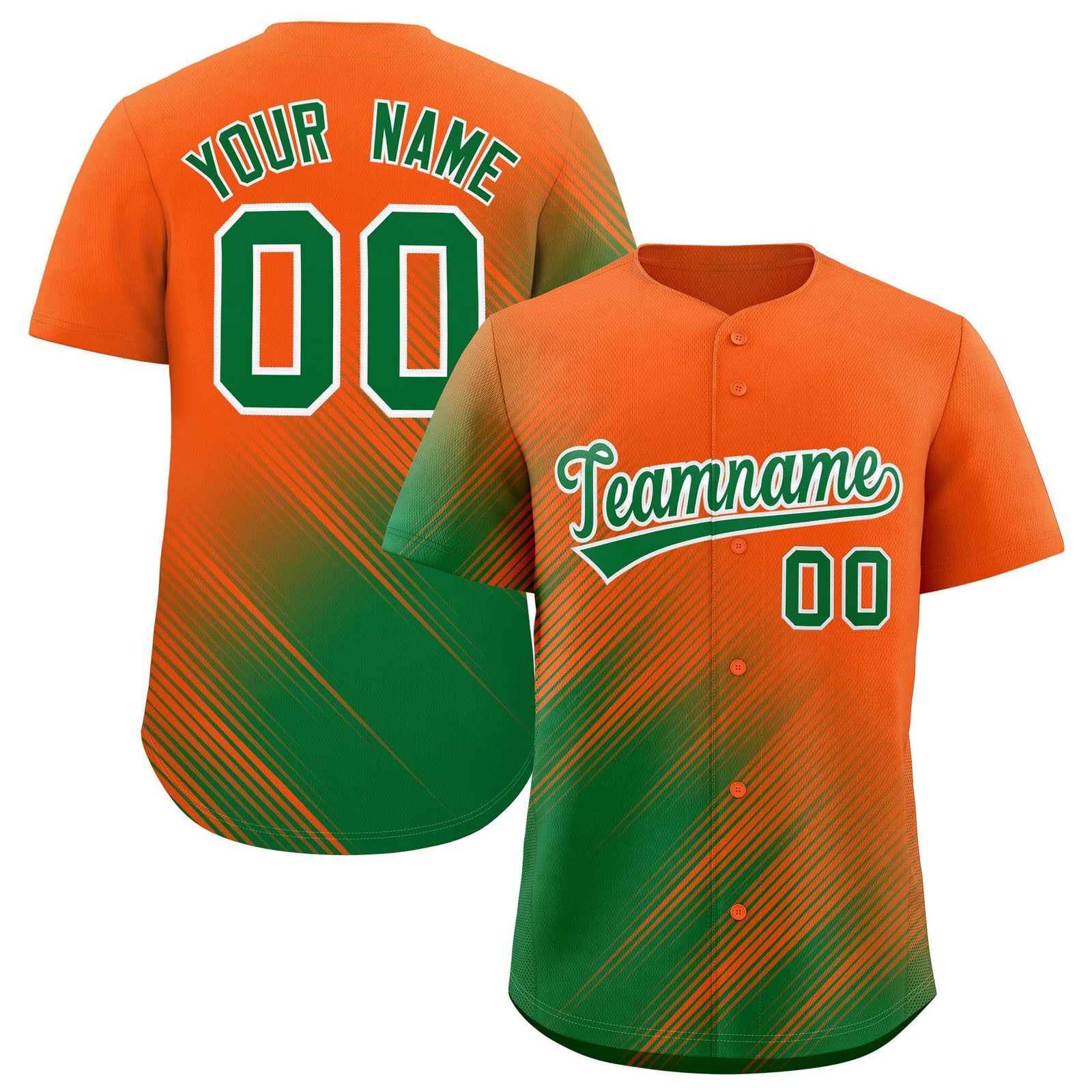 Custom Orange Kelly Green Diagonal Stripe Personalized Gradient Fashion Baseball Jersey