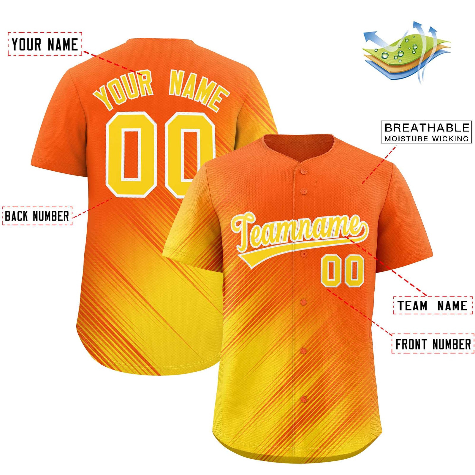 Custom Orange Gold Diagonal Stripe Personalized Gradient Fashion Baseball Jersey