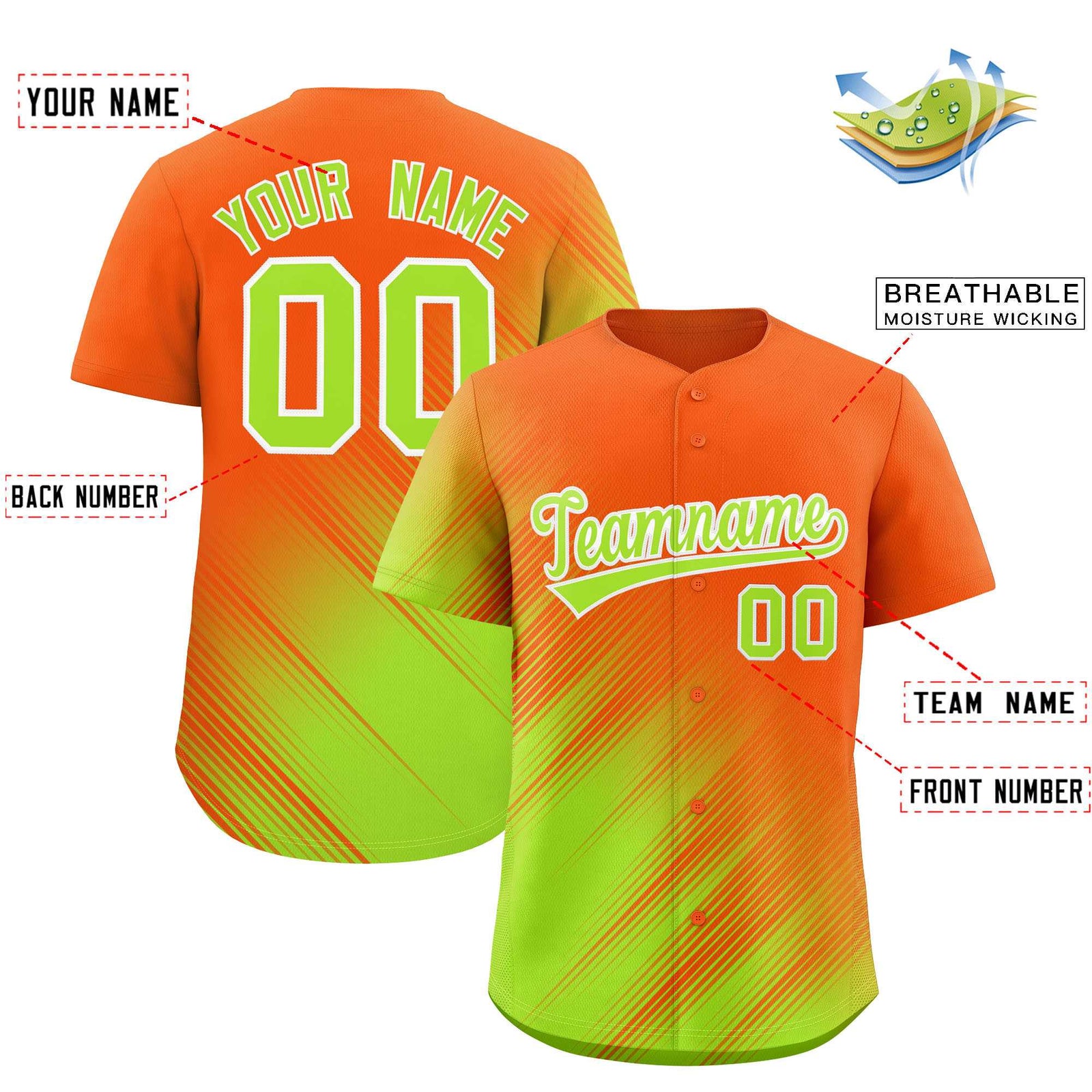 Custom Orange Neon Green Diagonal Stripe Personalized Gradient Fashion Baseball Jersey