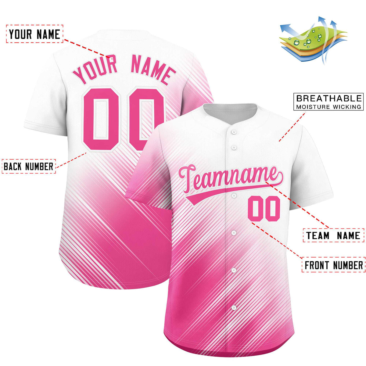 Custom White Pink Diagonal Stripe Personalized Gradient Fashion Baseball Jersey