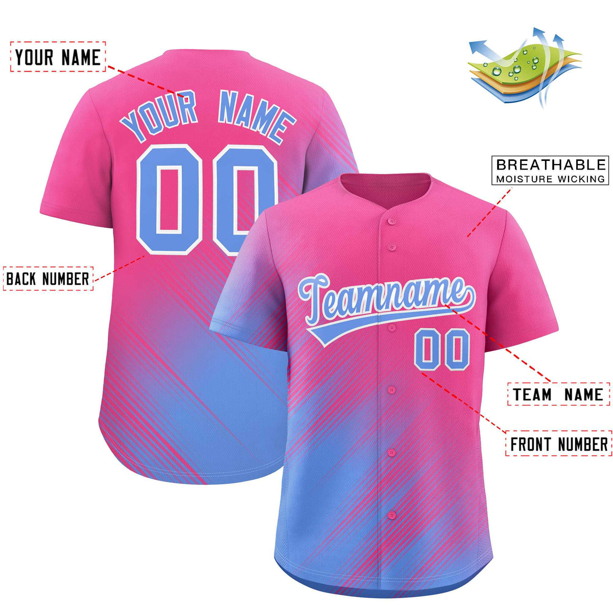 Custom Pink Light Blue Diagonal Stripe Personalized Gradient Fashion Baseball Jersey