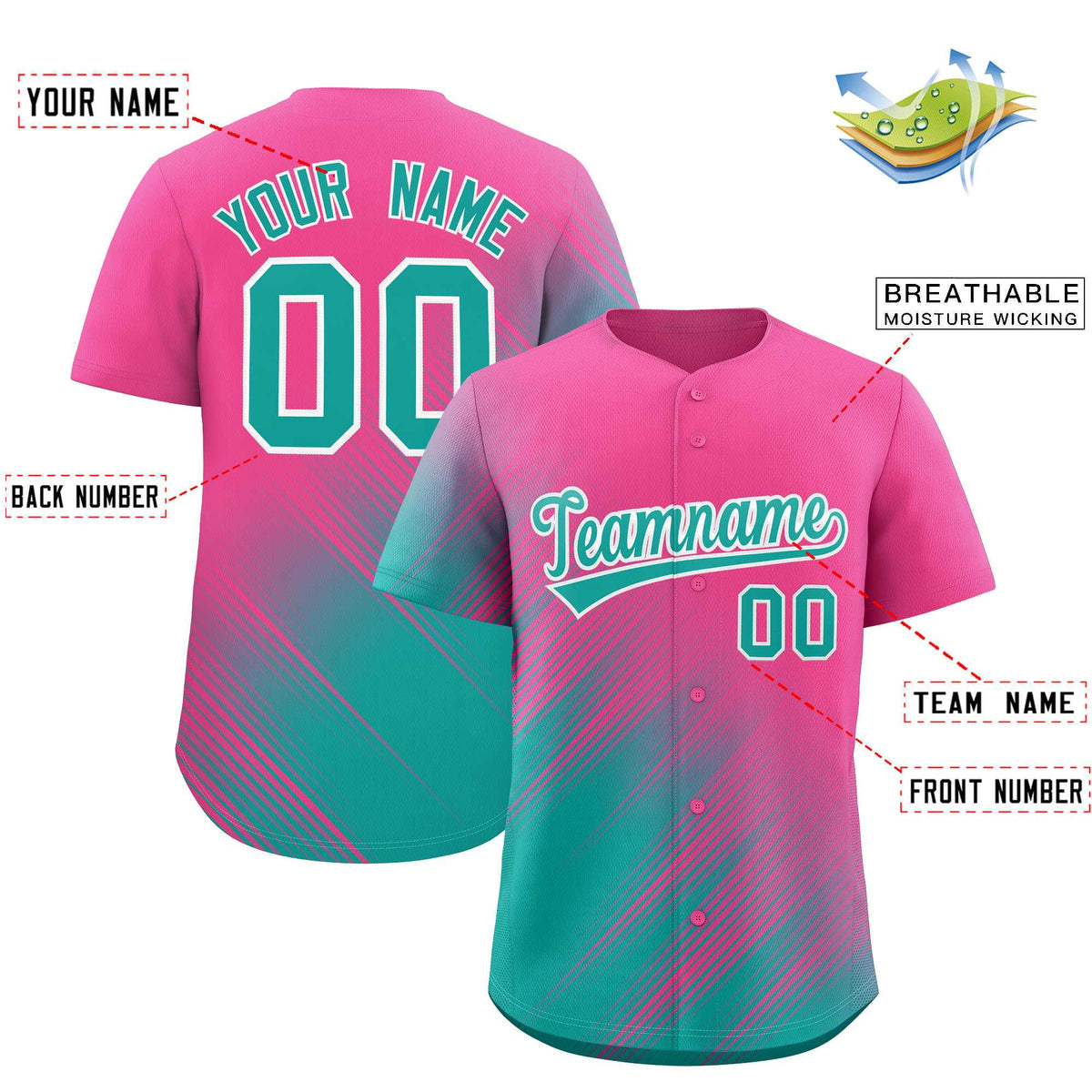 Custom Pink Aqua Diagonal Stripe Personalized Gradient Fashion Baseball Jersey