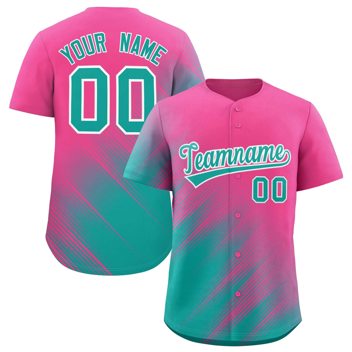 Custom Pink Aqua Diagonal Stripe Personalized Gradient Fashion Baseball Jersey