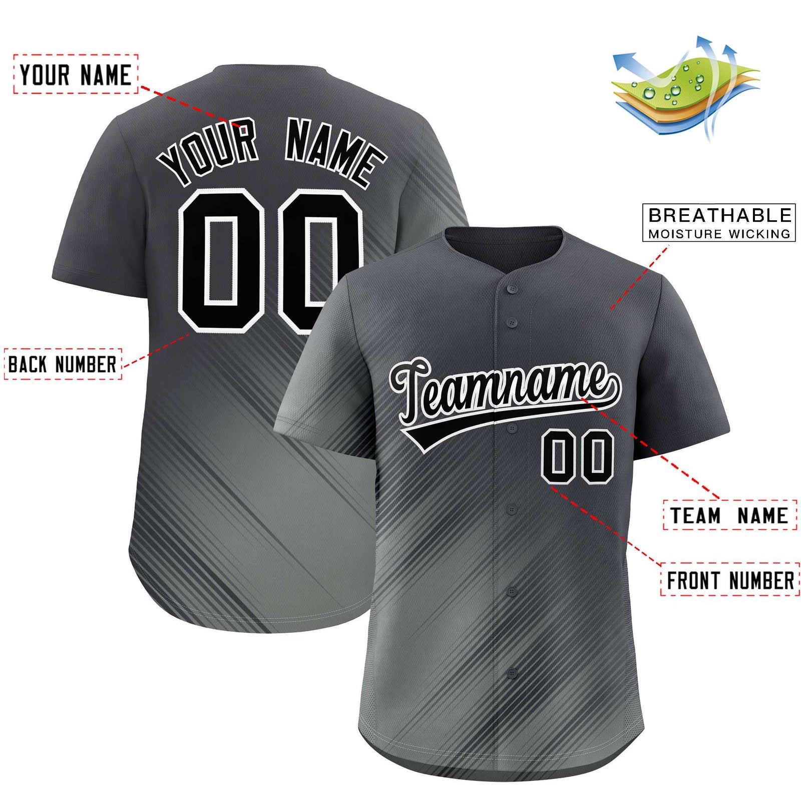Custom Dark Gray Gray Diagonal Stripe Personalized Gradient Fashion Baseball Jersey