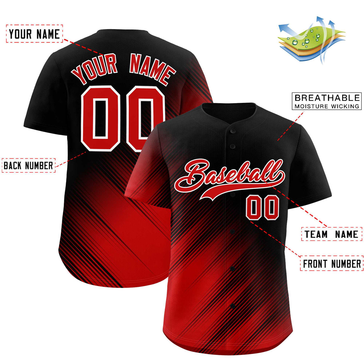 Custom Black Red Diagonal Stripe Personalized Gradient Fashion Baseball Jersey