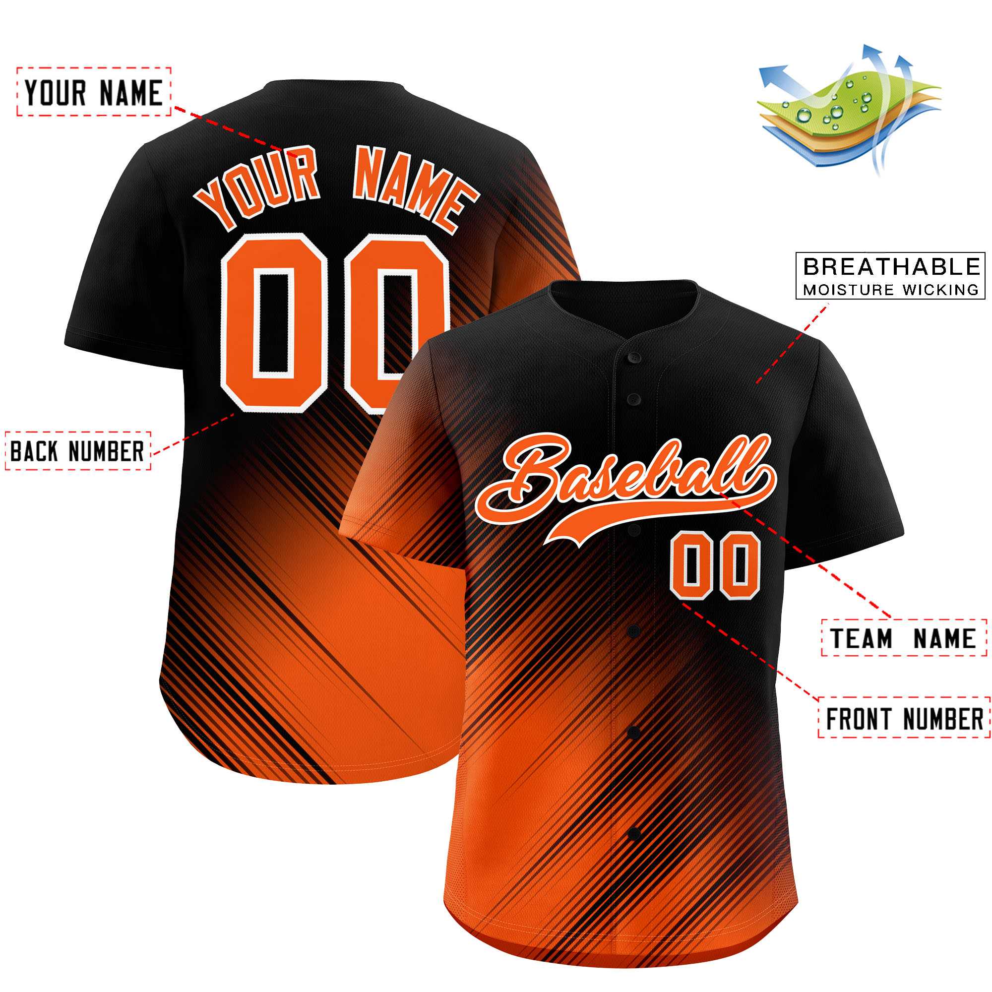 Custom Black Orange Diagonal Stripe Personalized Gradient Fashion Baseball Jersey