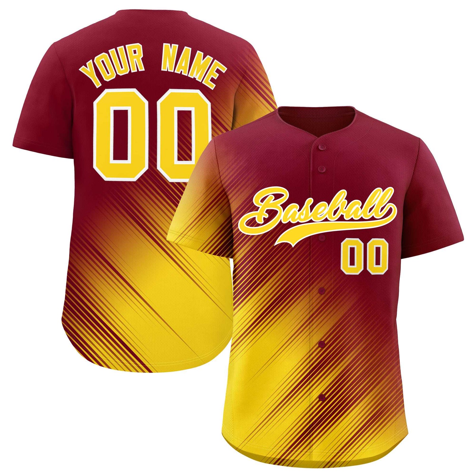 Custom Crimson Gold Diagonal Stripe Personalized Gradient Fashion Baseball Jersey
