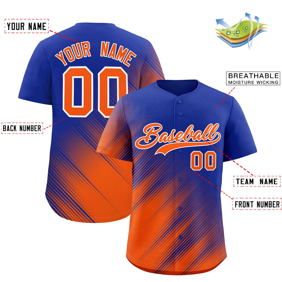 Custom Royal Orange Diagonal Stripe Personalized Gradient Fashion Baseball Jersey