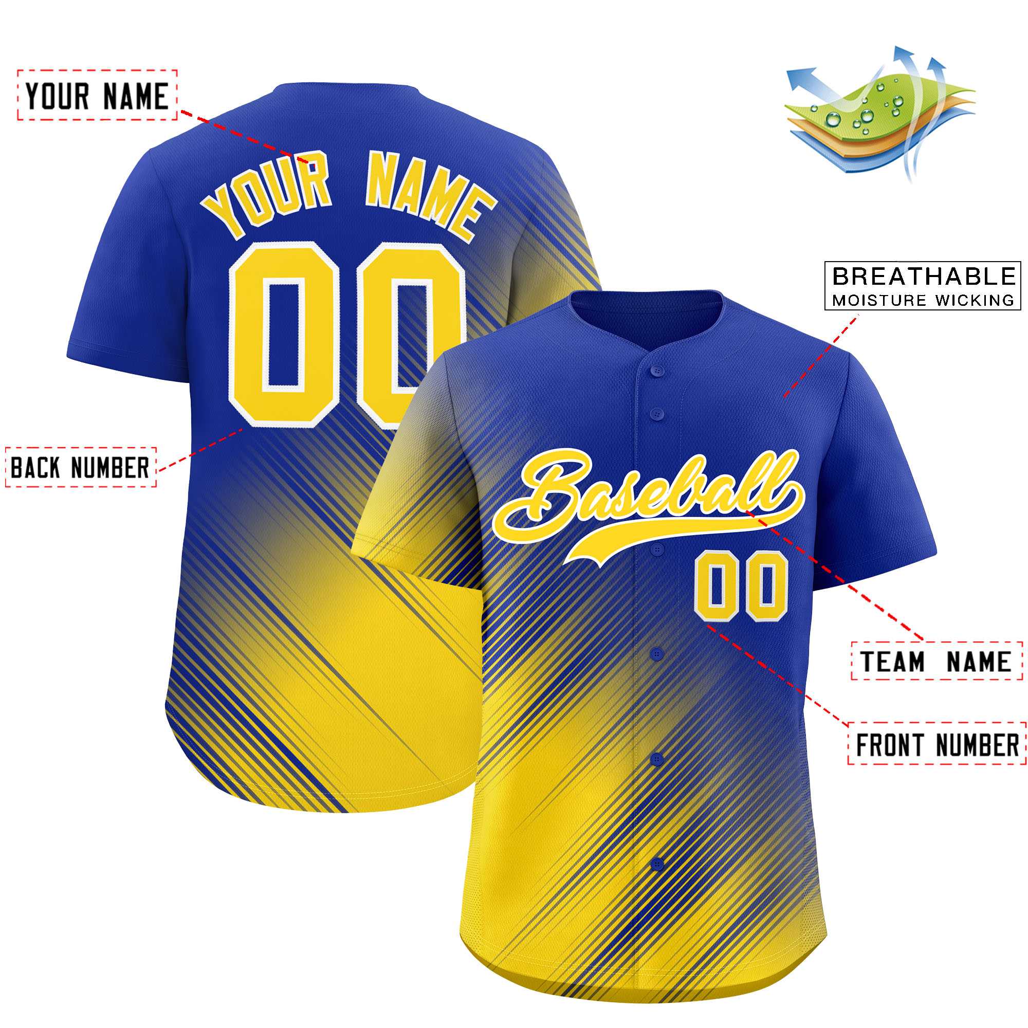 Custom Royal Gold Diagonal Stripe Personalized Gradient Fashion Baseball Jersey