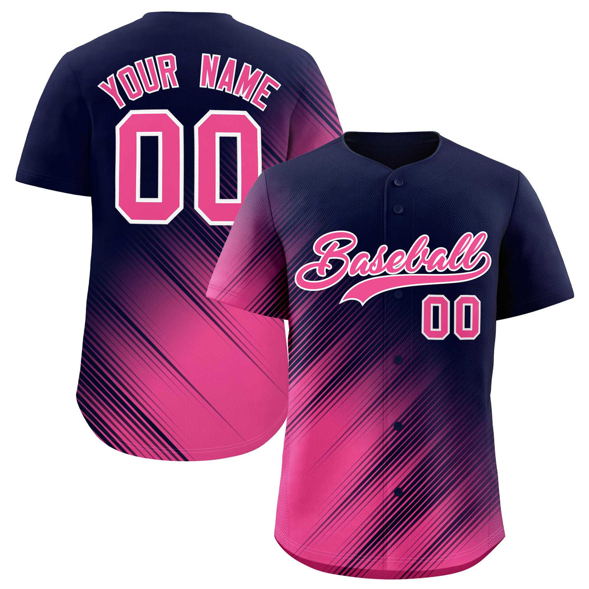 Custom Navy Pink Diagonal Stripe Personalized Gradient Fashion Baseball Jersey