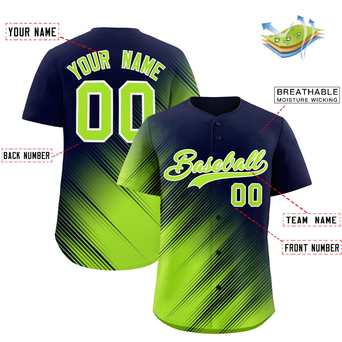 Custom Navy Neon Green Diagonal Stripe Personalized Gradient Fashion Baseball Jersey