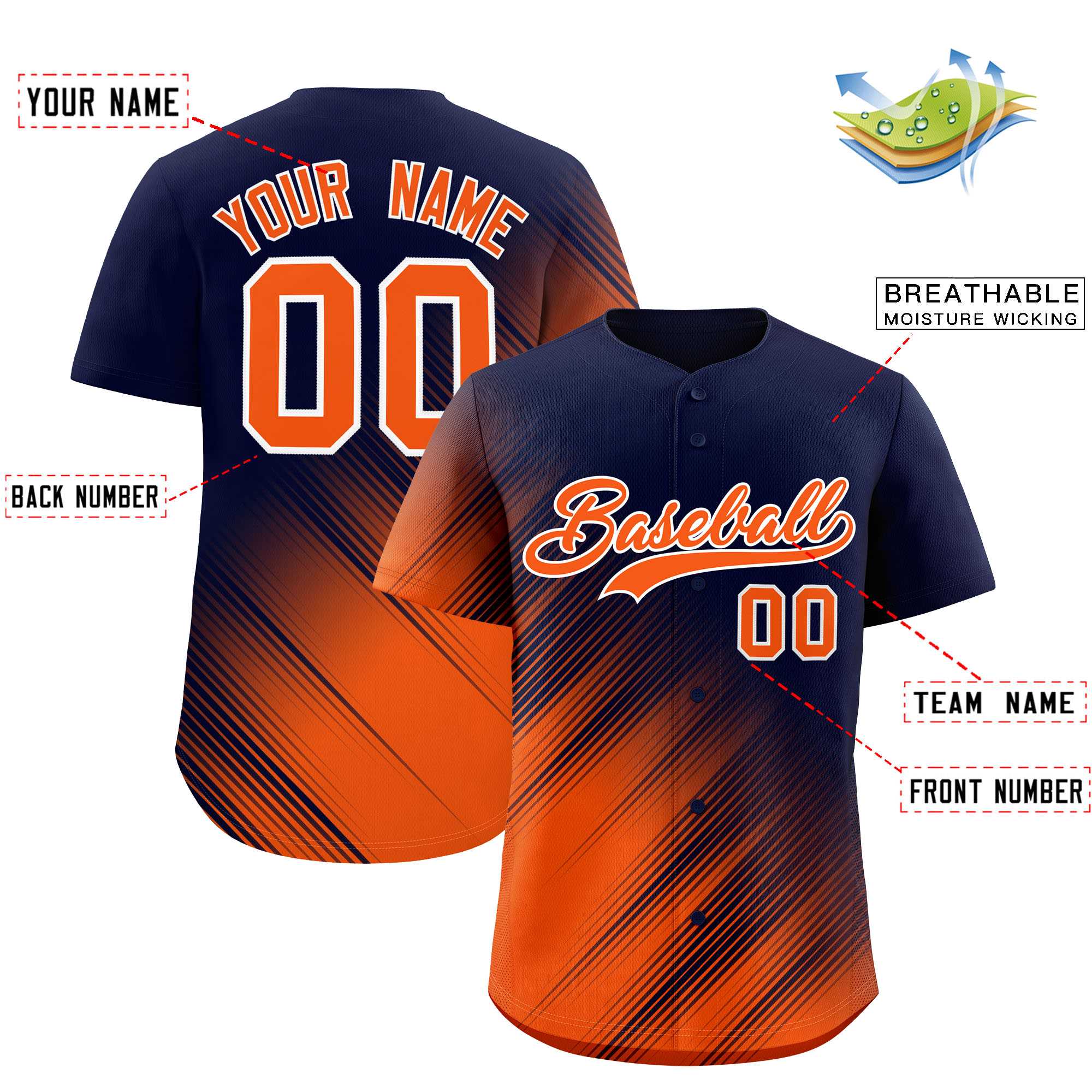 Custom Navy Orange Diagonal Stripe Personalized Gradient Fashion Baseball Jersey